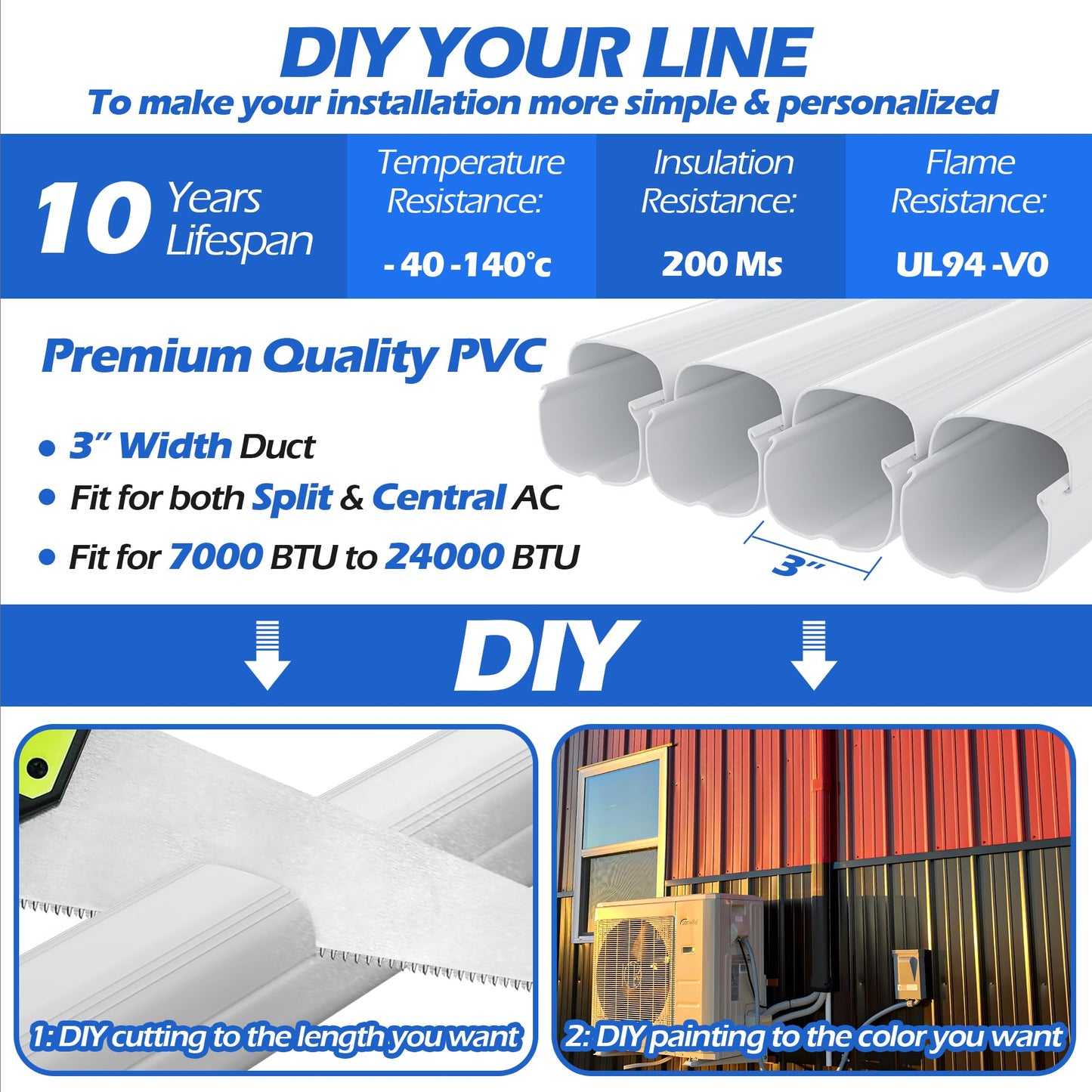 TAKTOPEAK Mini-Split Line Set Cover: 3'' 17 Ft Line Hide for Mini Split Air Conditioner Central AC HVAC - Waterproof Decorative Pipe Cover for Outdoor