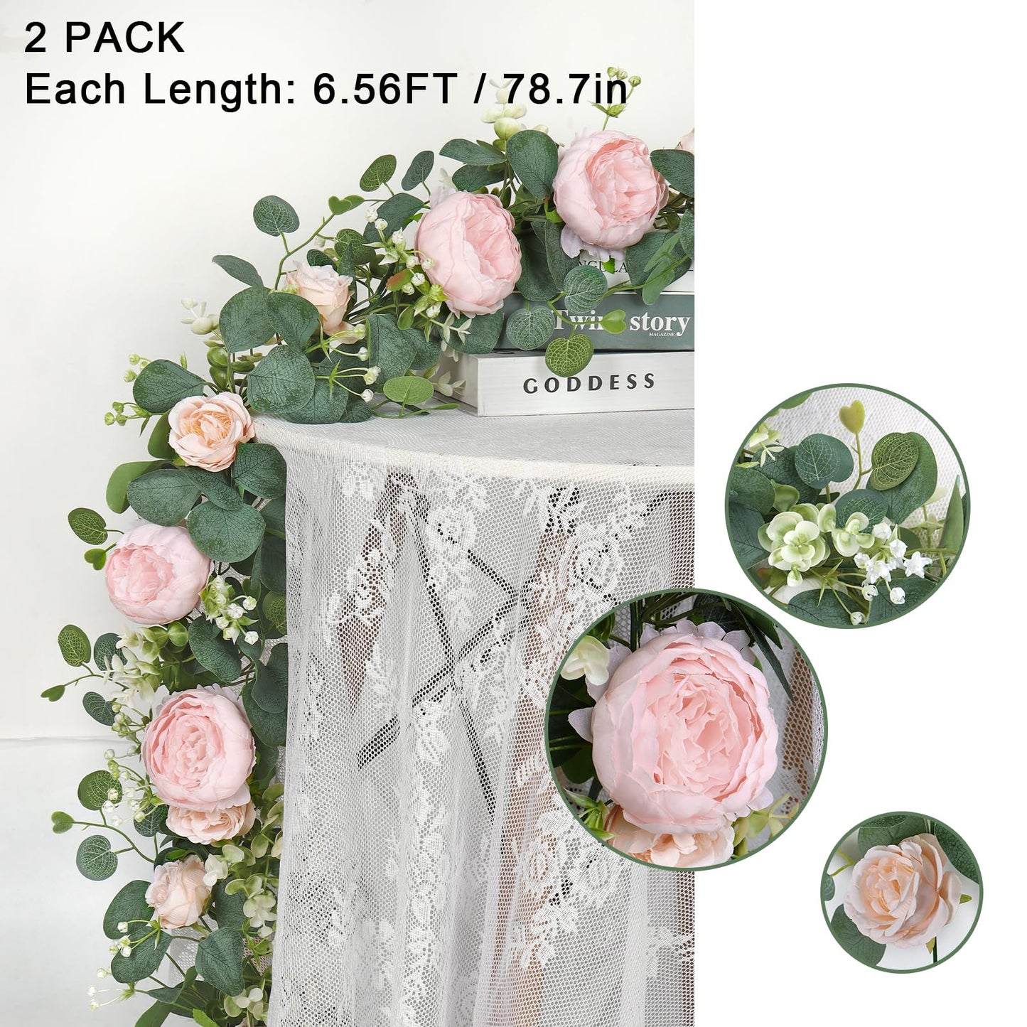 SOMYTING 2 Pack 13FT Flower Garland, Artificial Rose Vine Fake Flower Garland Silk Rose Peony Hanging Vine Faux Floral Garlands for Wedding Party Arch Table Wall Backdrop Decoration (Light Pink, 2PCS)