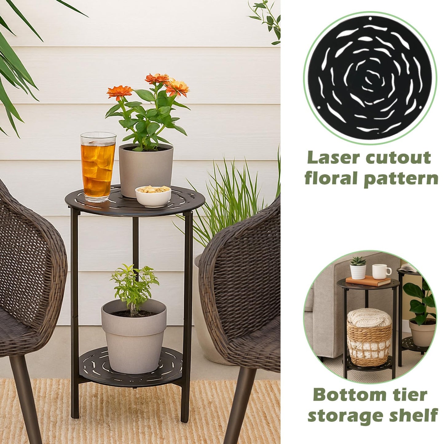 lucpur 2-Tier Metal Round Side Table Black Accent Coffee Tables Small Space Corner Plant Stand Shelf for Indoor Outdoor Use Patio Balcony End Table Laser-Cut Floral Pattern Weather-Resistant