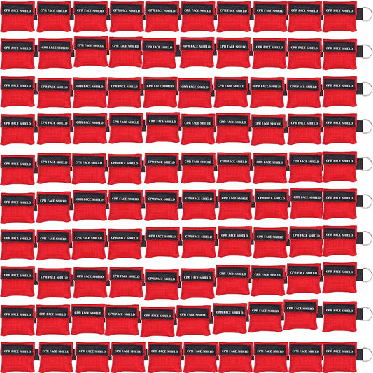100pcs CPR Face Shield Mask Keychain Keyring Emergency Kit CPR Face Shields for First Aid or CPR Training (Red-100)
