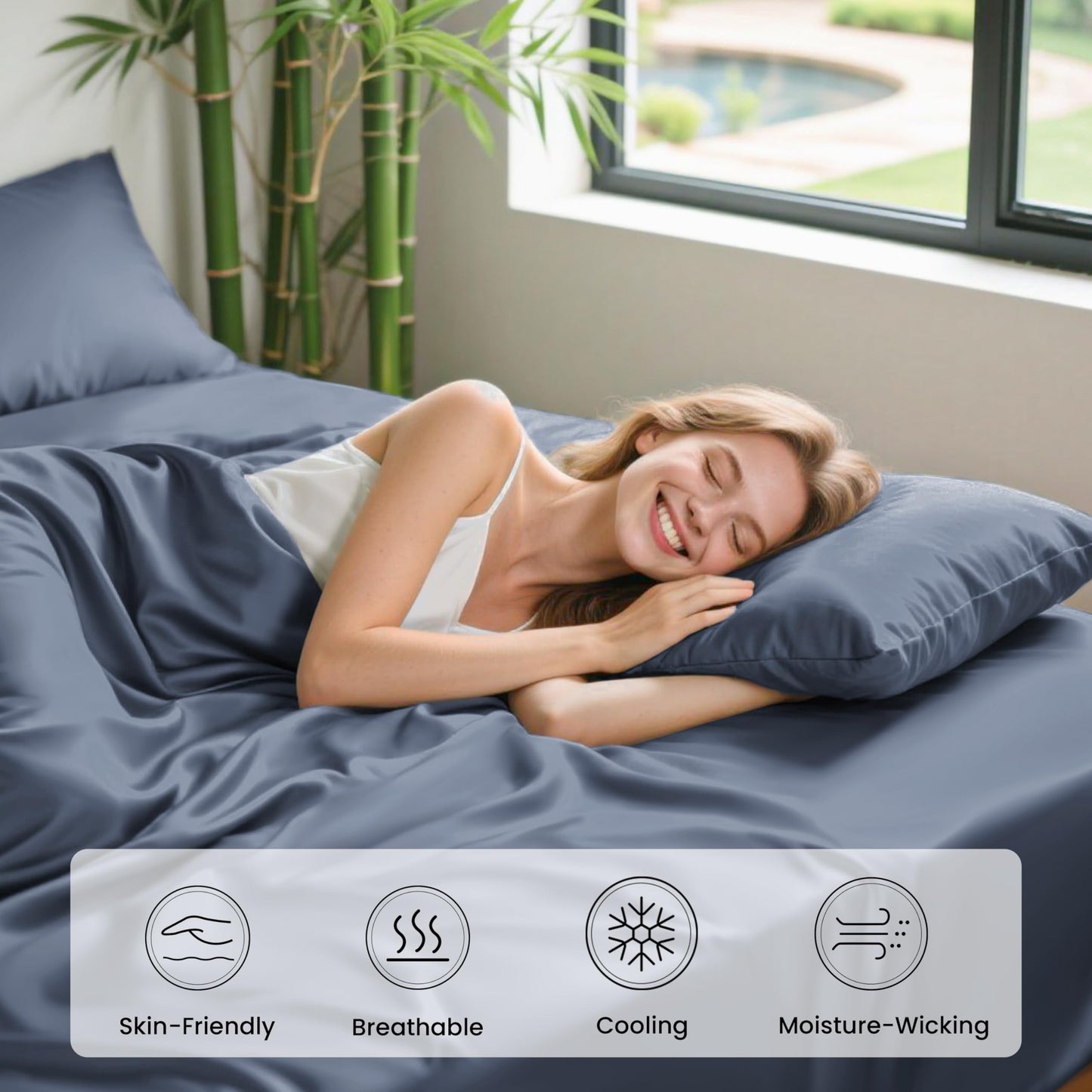 Love's cabin 4 Piece Queen Sheet Set, 100% Rayon Derived from Bamboo, Cooling & Breathable, Soft Silky Deep Pocket up to 16", Hotel Luxury Bedding for Hot Sleepers, Bluish Grey