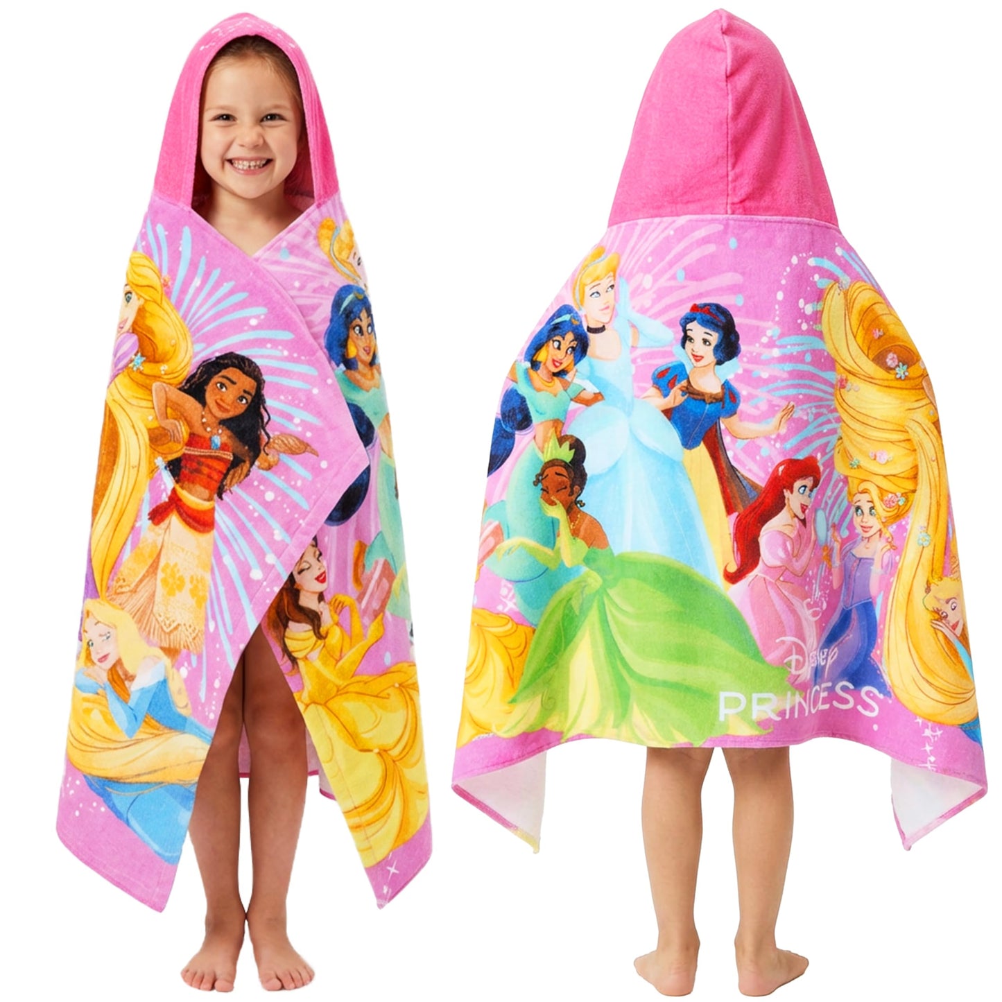 Disney Princess Bath Towels with Hood for Girls, Soft Absorbent Cotton Beach Towel, Swimming Pool Hooded Poncho, Shower Bath Cinderella Moana Rapunzel for Girls Ages 2-6 (Multi Princess)