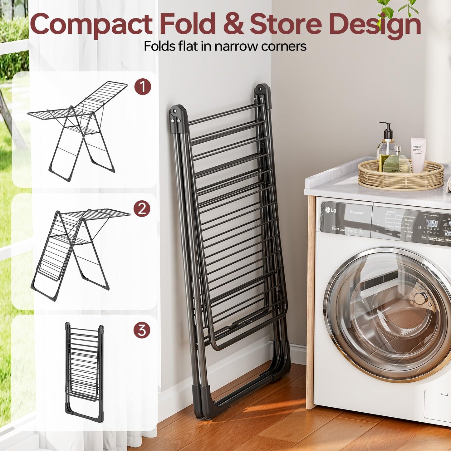 APEXCHASER Clothes Drying Rack, Foldable Oversized Drying Rack Clothing with L-Shaped Foot Cover, Height-Adjustable, Multi-Bar Laundry Rack, Indoor Outdoor Use, 20.4" D x 70" W x 42.52" H, Jet Black