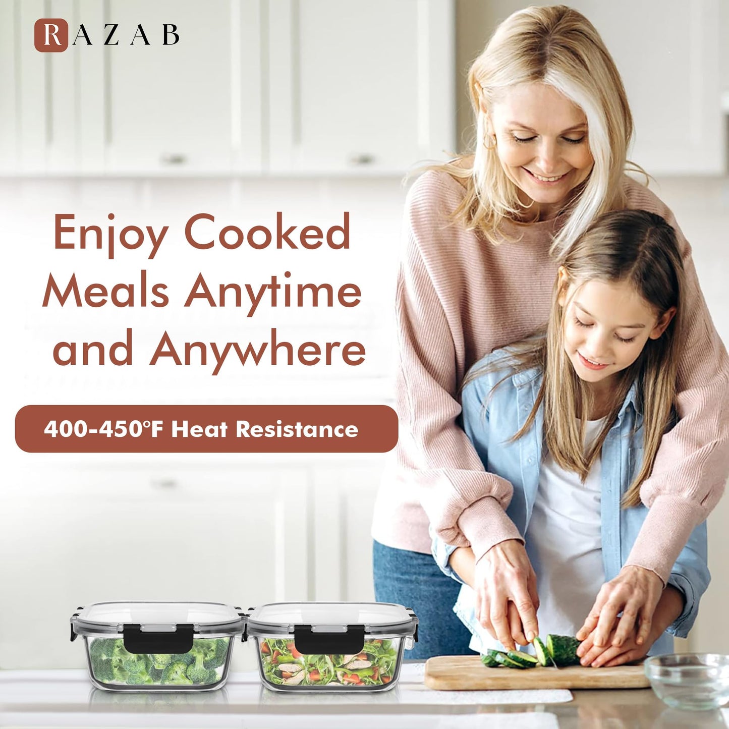 Razab 2 PC 1200ML / 41 Oz Glass Food Storage Containers with Lids - Airtight & Leakproof - Microwave/Oven/Freezer Safe - BPA Free - Ideal for Meal Prep, Storing Leftover & Lunch