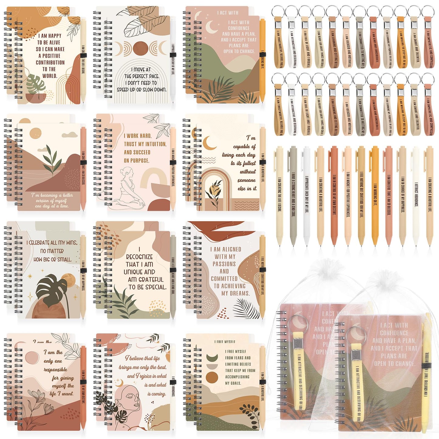 Funrous 72 Pcs/24 Set Positive Motivational Gift Set for Women Bulk Gratitude Spiral Journals Notebooks Affirmation Pens Keychains Adult Party Favors for Teacher Students Coworker Nurse (Boho)