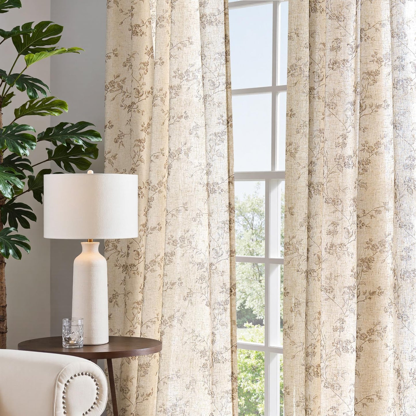 jinchan Linen Floral Curtains 84 Inch Farmhouse Country Flower Drapes Rustic Window Curtains Light Filtering for Living Room Bedroom Laundry Back Tab 2 Panels Taupe on Beige