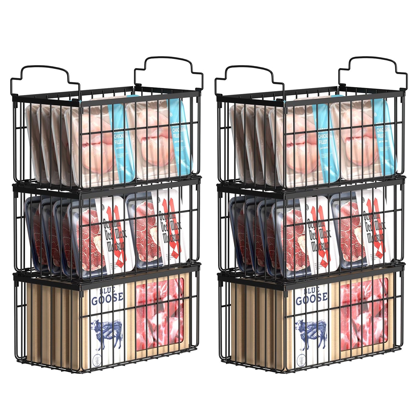 MSERCUOR Freezer Organizer Bins, 6 Pack Stackable Deep Chest Freezer Organizer Bins, Foldable Baskets with Handles, Black Storage Container Baskets for 5/ 7 Cu.FT Deep Freezer Sort Frozen Meats