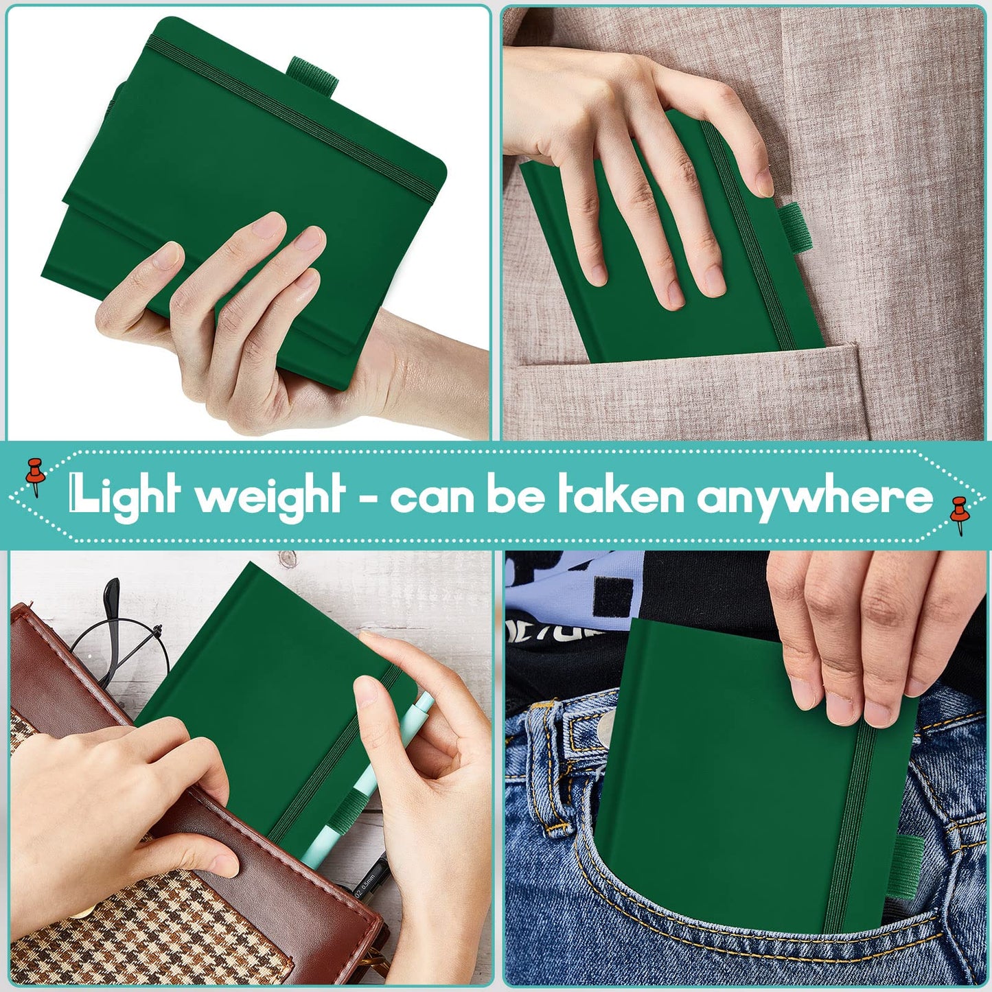 40 Pieces Small Notebooks A6 Pocket Journals 3.5 x 5.5 Inch Small Leather Notebook Mini Ruled Lined Journal with Elastic Band Pen Holder Page Marker Ribbons (Green)