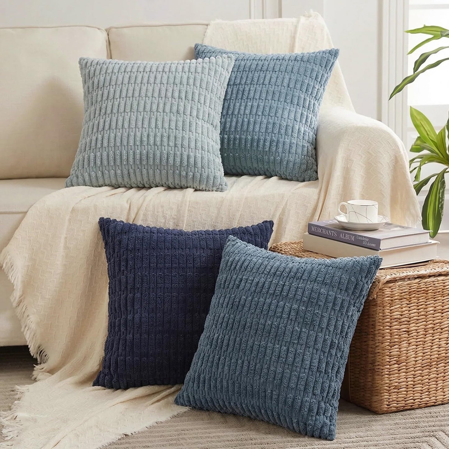 Fancy Homi 4 Packs Decorative Throw Pillow Covers for Living Room Couch Bed, Modern Farmhouse Boho Home Décor Accent Cushion Case, 18" x 18", Blue Series