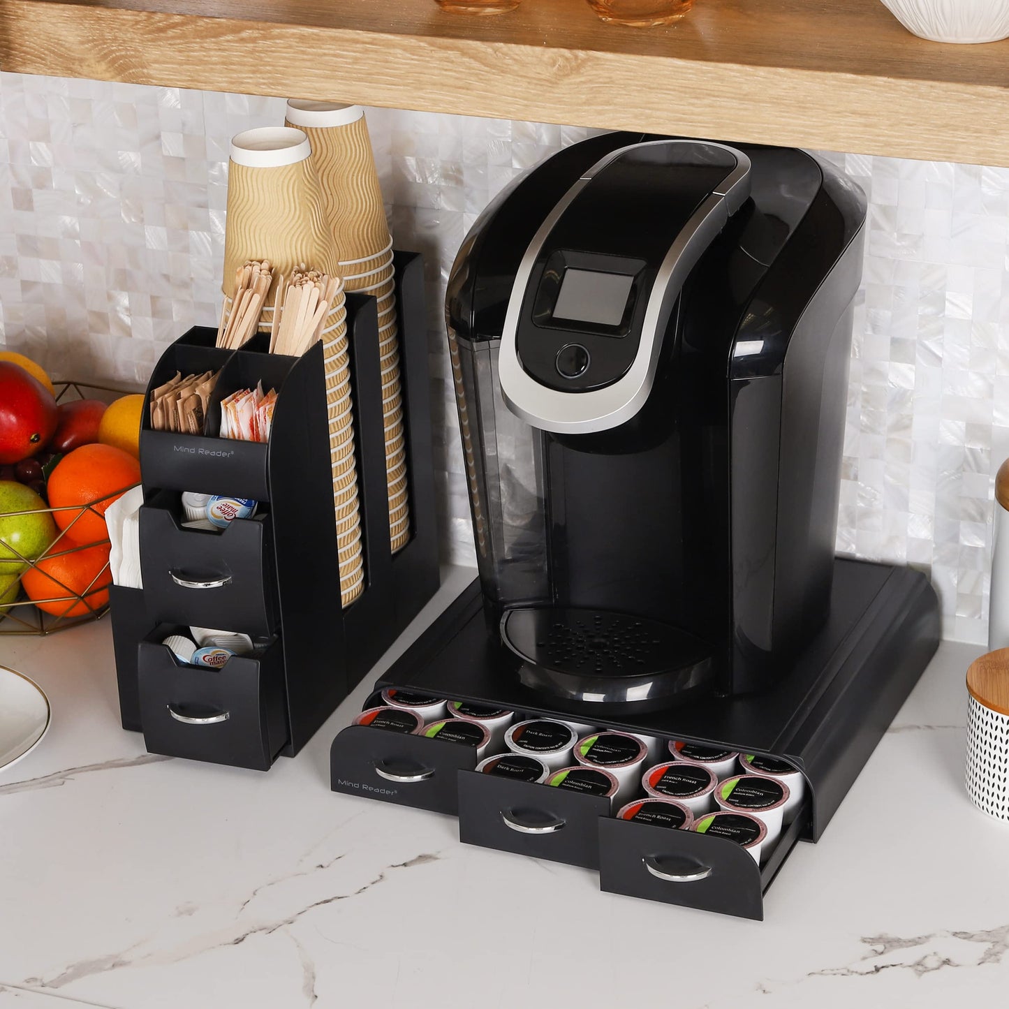 Mind Reader Single Serve Coffee Pod Drawer and Cup Condiment Set, 2 Pcs., 36 Pod Capacity, 5.35"L x 11.25"W x 11.15"H, Black