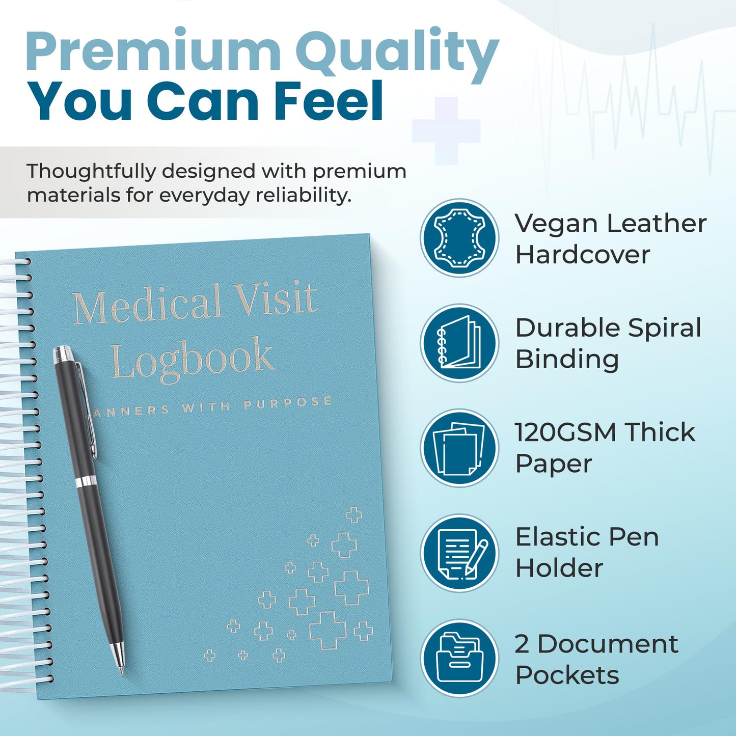 Planners With Purpose B5 Medical Visit Logbook - Large Spiral Bound Medical Planner & Health Journal for Chronic Illness, Doctor Appointments, Symptom Tracking, Medications & Medical History Organizer Notebook with Pockets