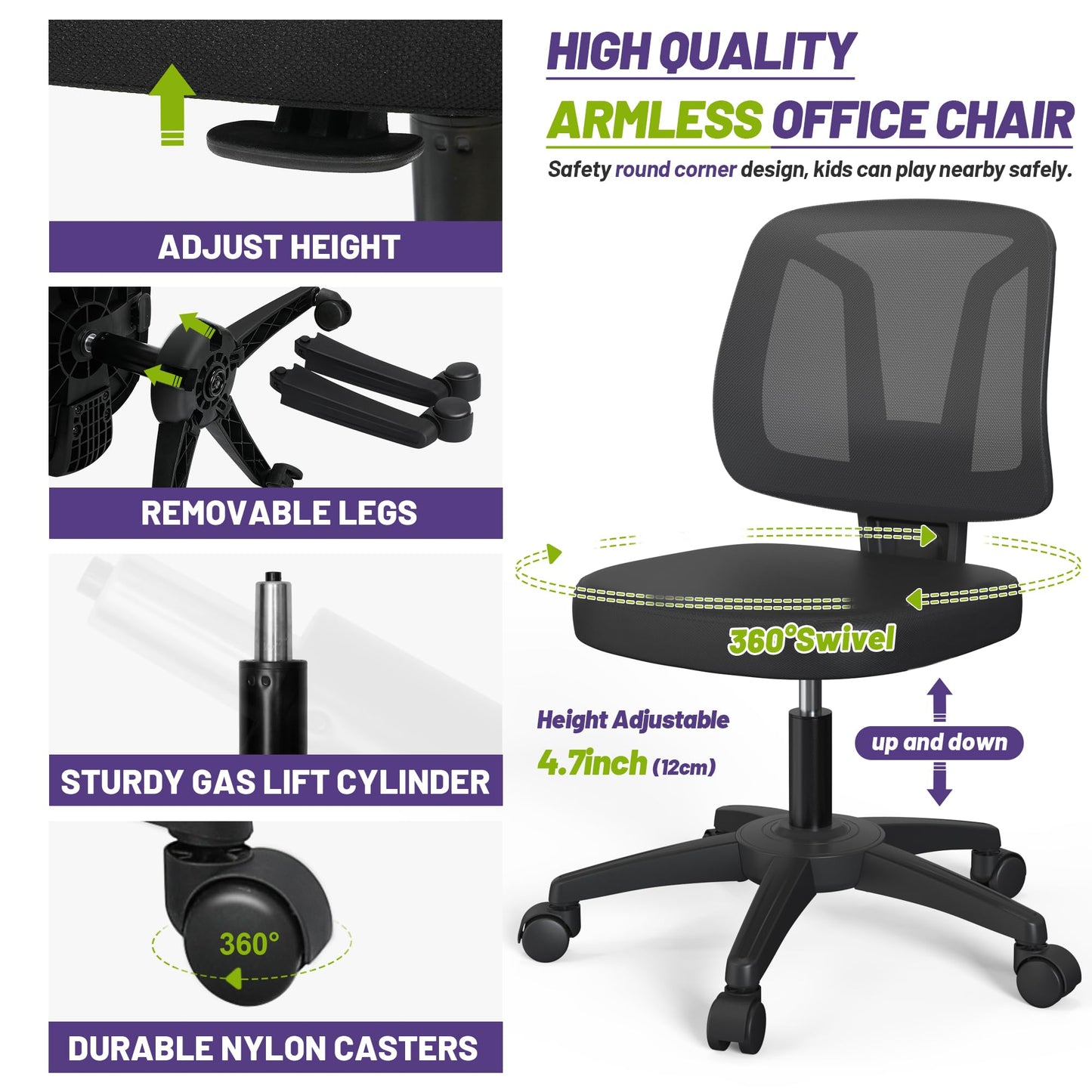Swivel No Arms Small Home Desk Chair for Computer with Height Adjustable Lumber Support and Rotatoable Wheels for Small Spaces