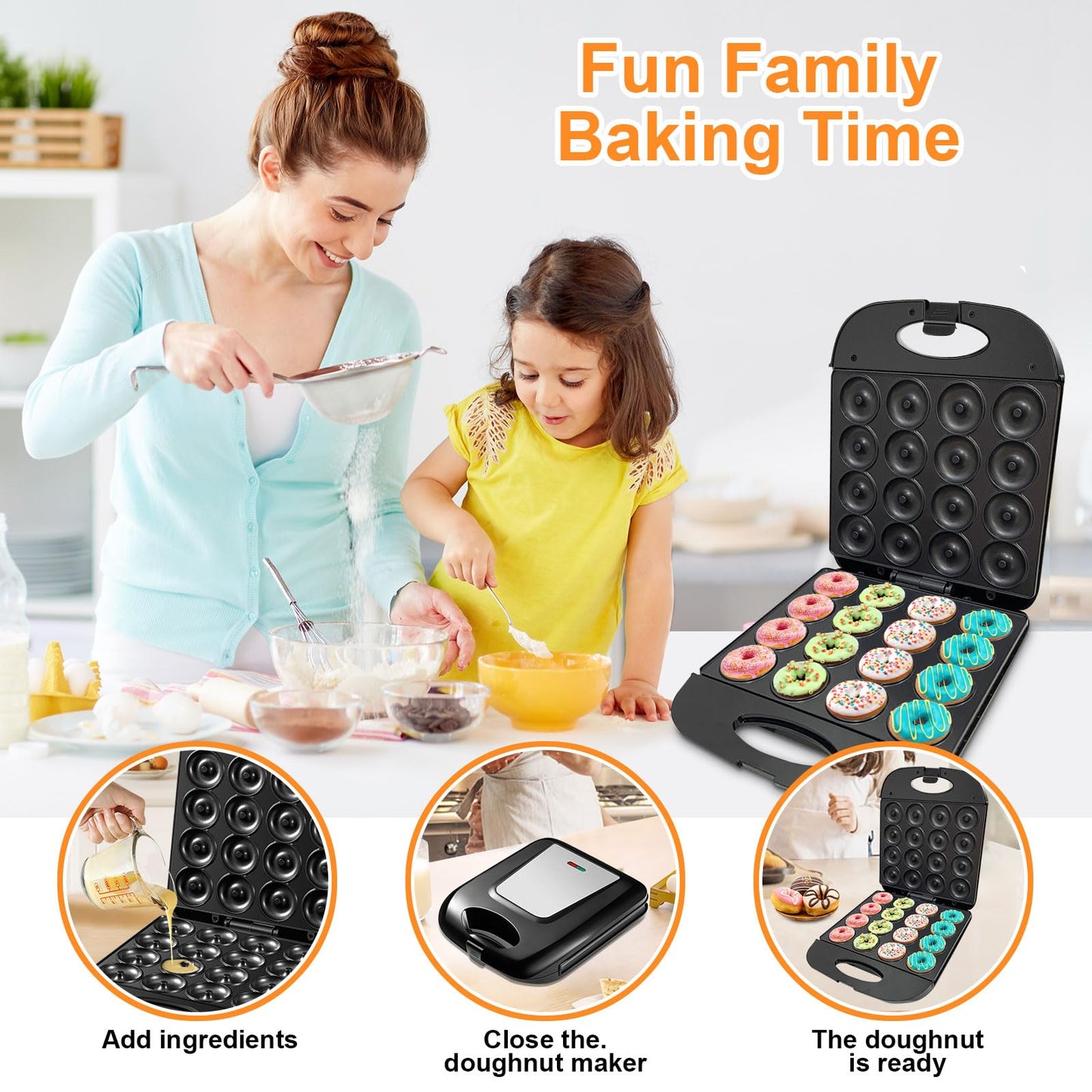 2026 Mini Donut Maker Machine for Home, Kid-Friendly 16-Hole Electric Doughnut and Pancake Maker with Non-Stick Surface, Ideal for Homemade Doughnuts (Black with Mini Oven Gloves & Brush)
