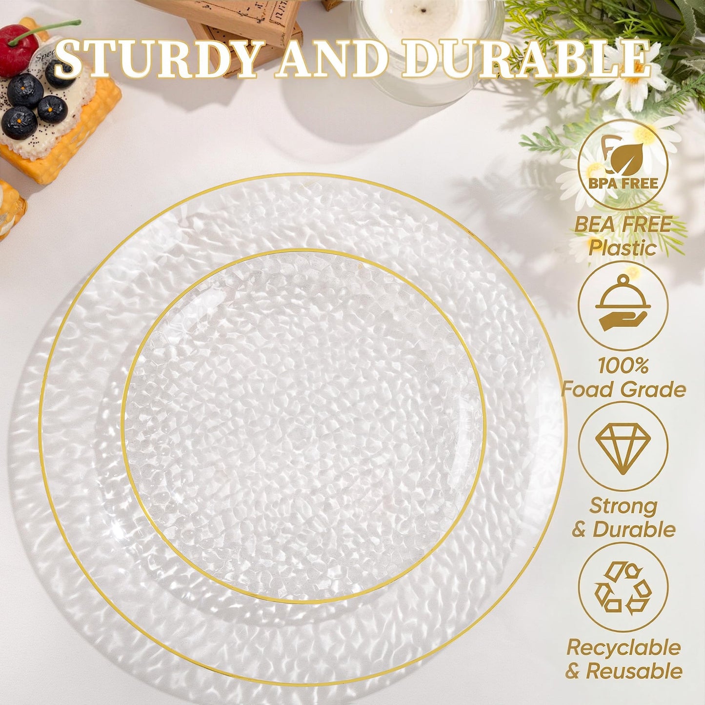 I00000 150Pcs Clear Plastic Plates with Gold Rim,Clear Disposable Plates with silverware,Gold hammer patterned plates Set include 30 Dinner Plate,30 Dessert Plate,90 Silverware Set for Party