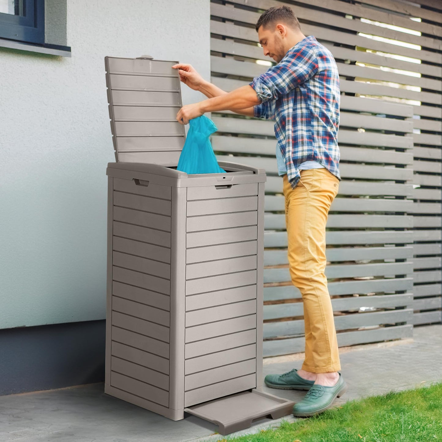 DWVO 38 Gallon Outdoor Trash Can with Lid & Drip Tray, Waterproof Hideaway Garbage Bin, Waste Container for Patio, Backyard, Deck, Garden, Easy Assembly & Clean (Taupe)