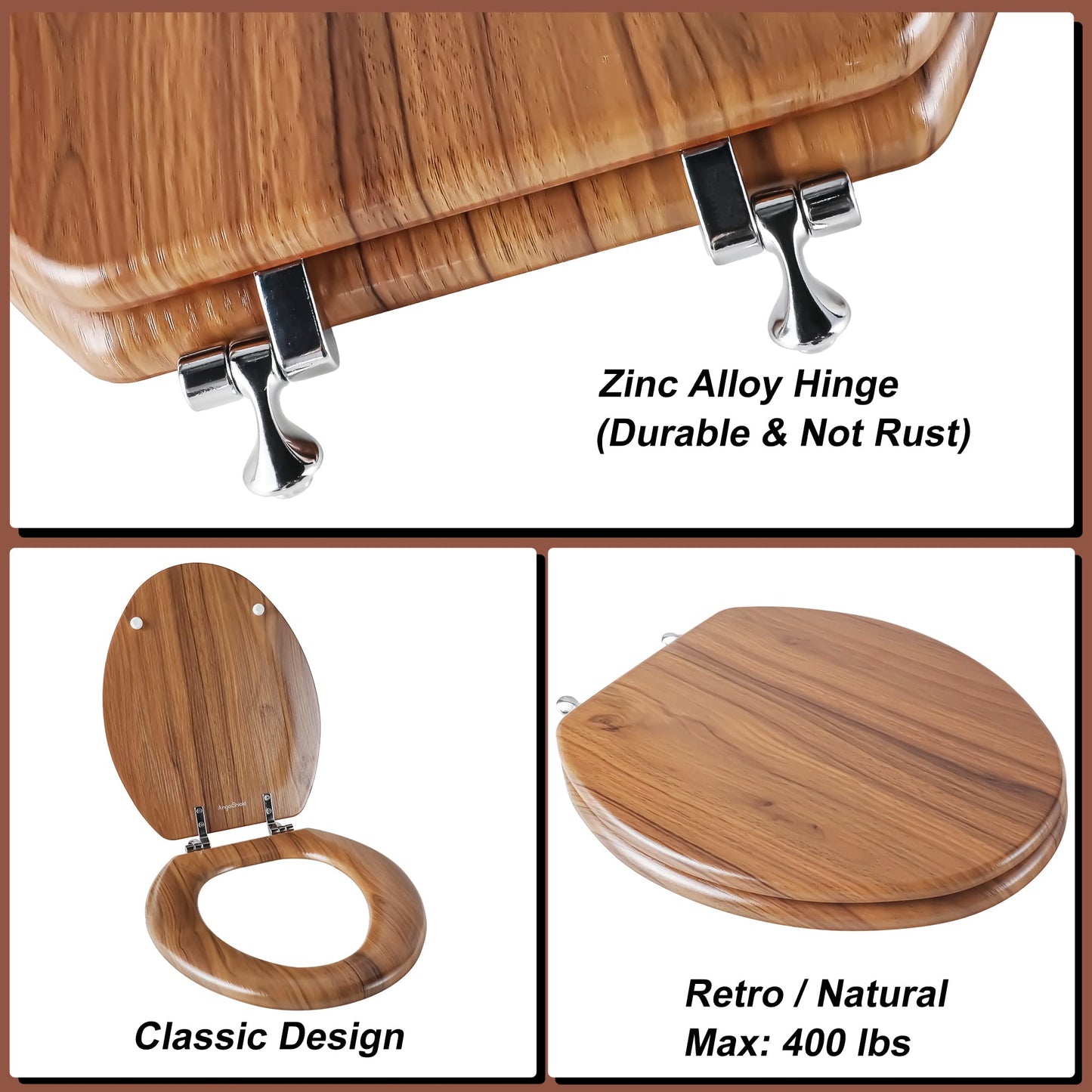 Elongated Toilet Seat Molded Wood Toilet Seat with Zinc Alloy Hinges, Easy to Install also Easy to Clean, Anti-pinch Wooden Toilet Seat by Angol Shiold (Elongated, Natural)