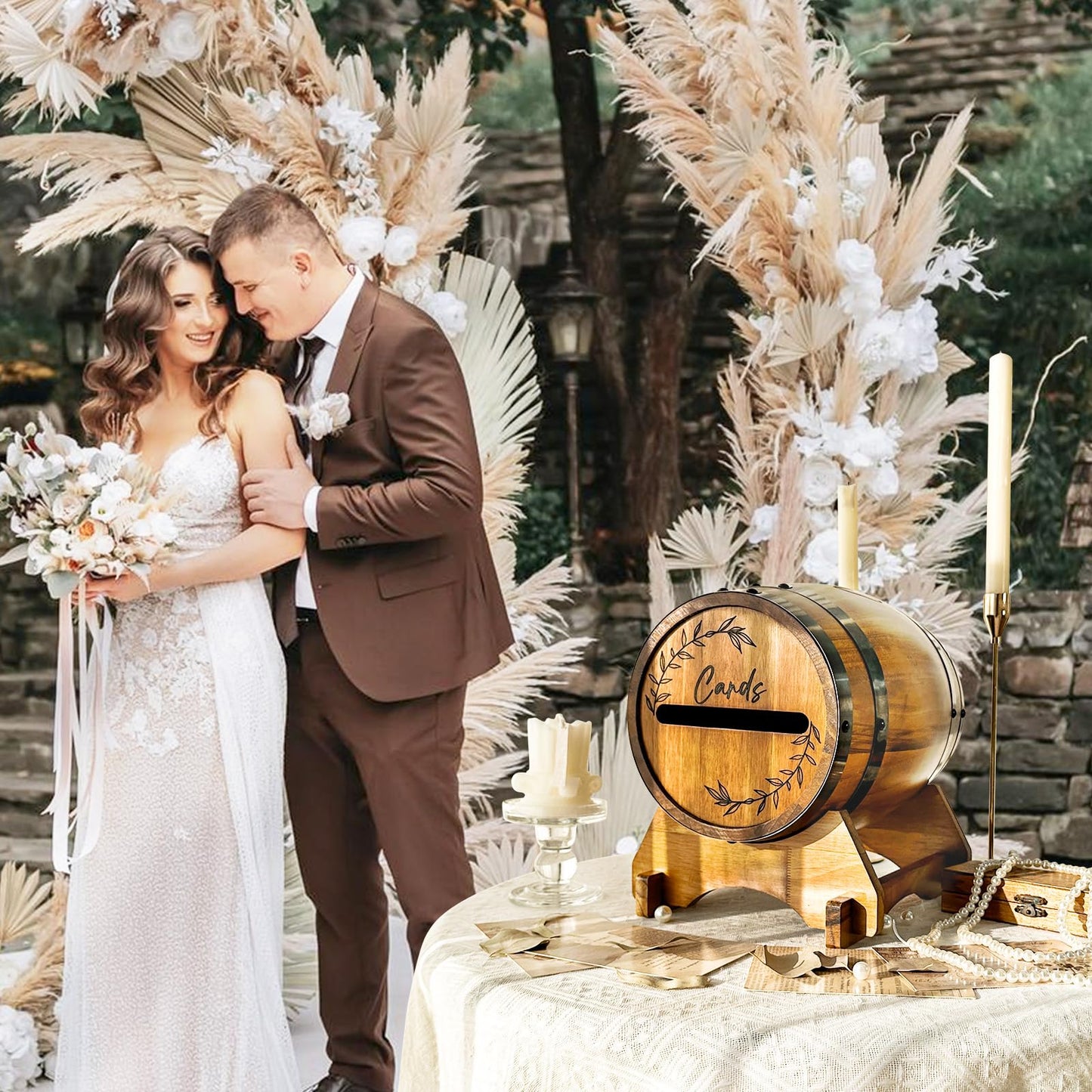 OurWarm Wooden Wedding Card Box for Reception, Whiskey Barrel Gift Card Box for Party, Money Envelope Boxes with Slot & Holder for Graduation Bridal Shower Birthday Wedding Decor