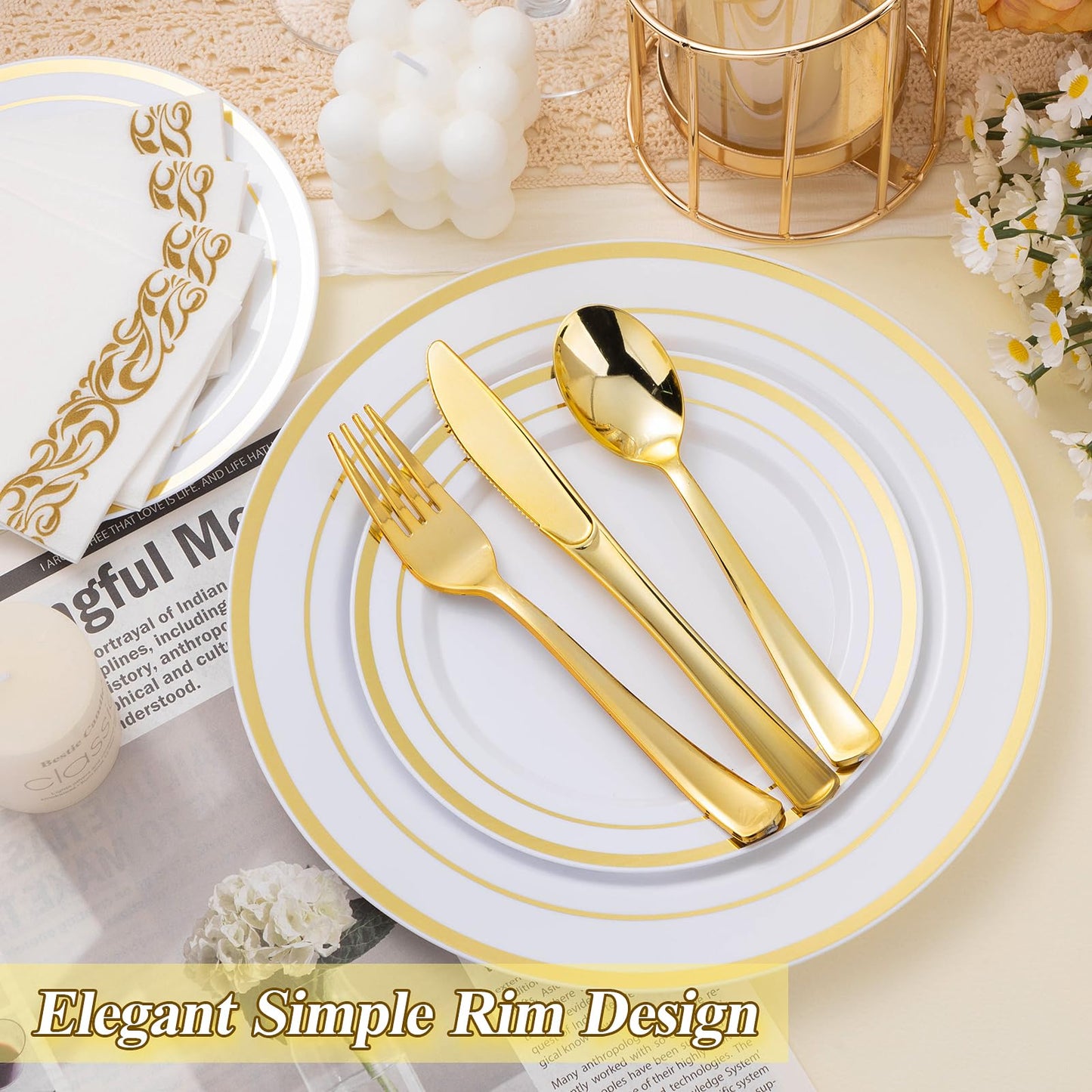 BESTSTAR 200PCS Gold Plastic Plates Set, 100 10.25 inch Dinner Plate and 100 7.5 inch Dessert Plates, Premium Disposable Plates for Party, Wedding