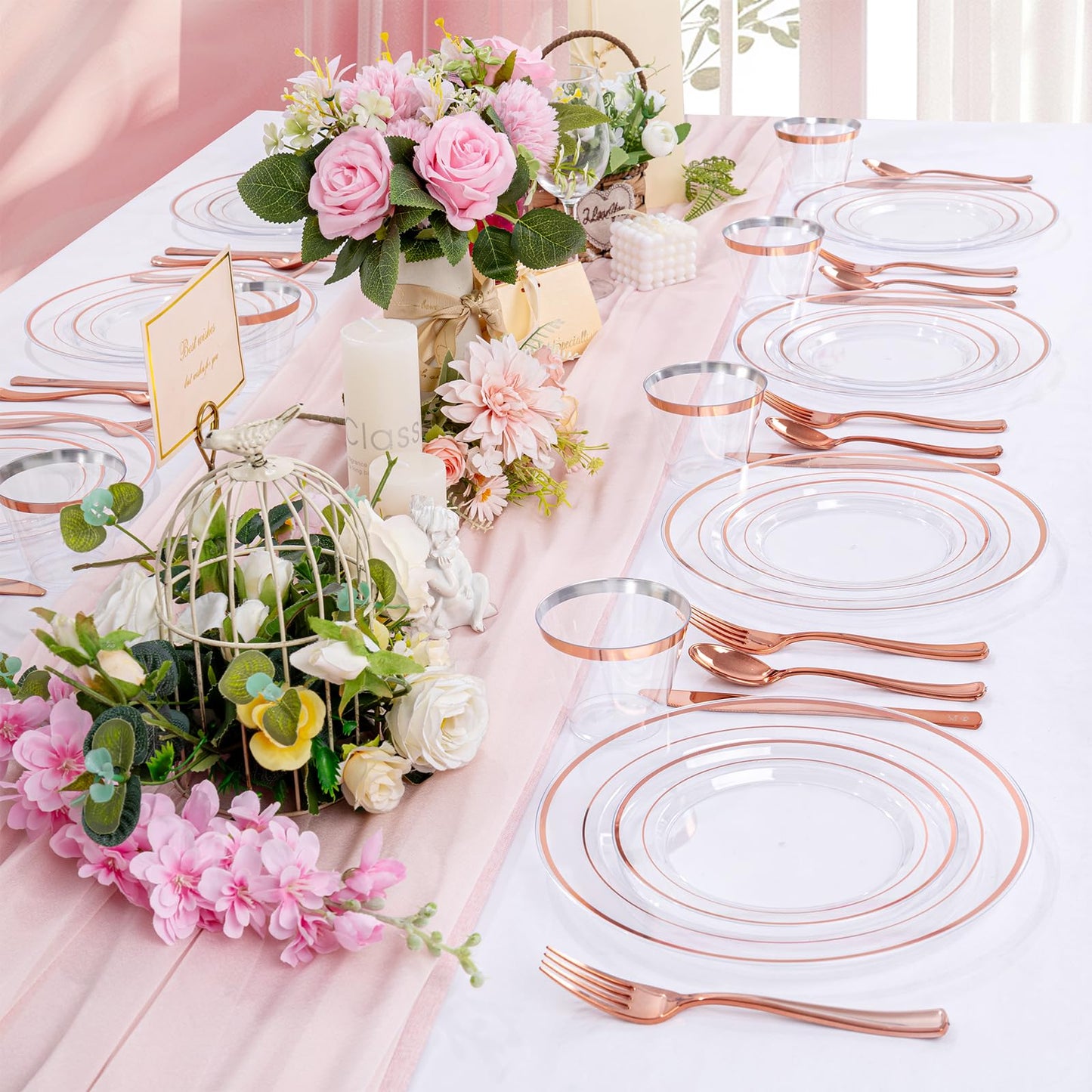 bUCLA 300PCS Rose Gold Plastic Dinnerware - Clear Dinnerware Set Disposable Include 50 Dinner Plates,50 Dessert Plates,50 Knives,50 Forks,50 Spoons,50 Cups for Party & Wedding