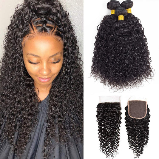 12A Curly Bundles Human Hair with Closure (12 14 16+10") Brazilian Curly Hair 3 Bundles with Closure 100% Unprocessed Virgin Kinky Curly Human Hair Weave Bundles with Closure Natural Color