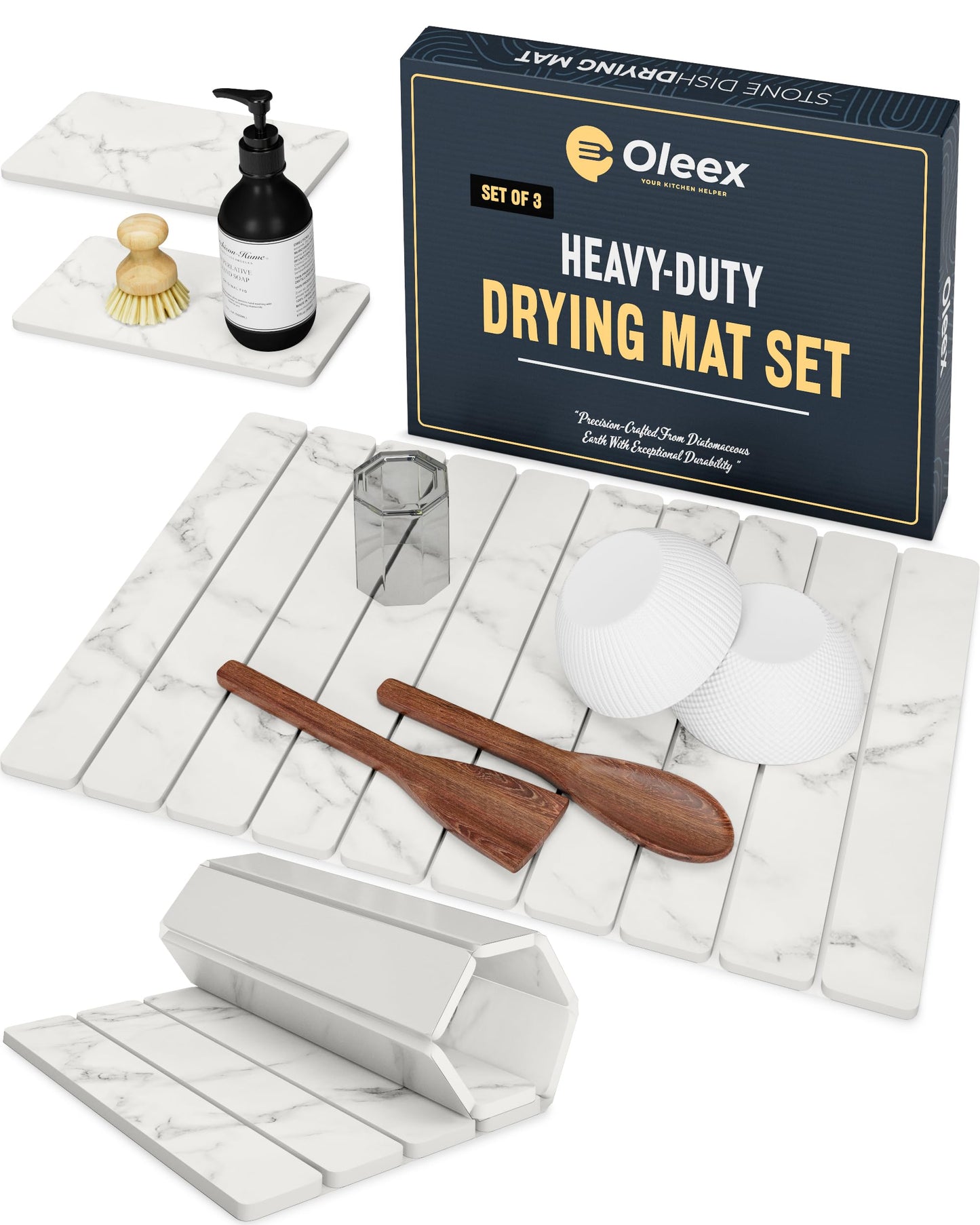 Oleex 3-Pack Stone Dish Drying Mat Set Includes 1 Large 24”x16” & 2 Small 4”x9” for Kitchen Counter-Collapsible Diatomaceous Earth Pad Absorbs Water & Dries Dishes Fast, Non-slip, Odor-Resistant Mats