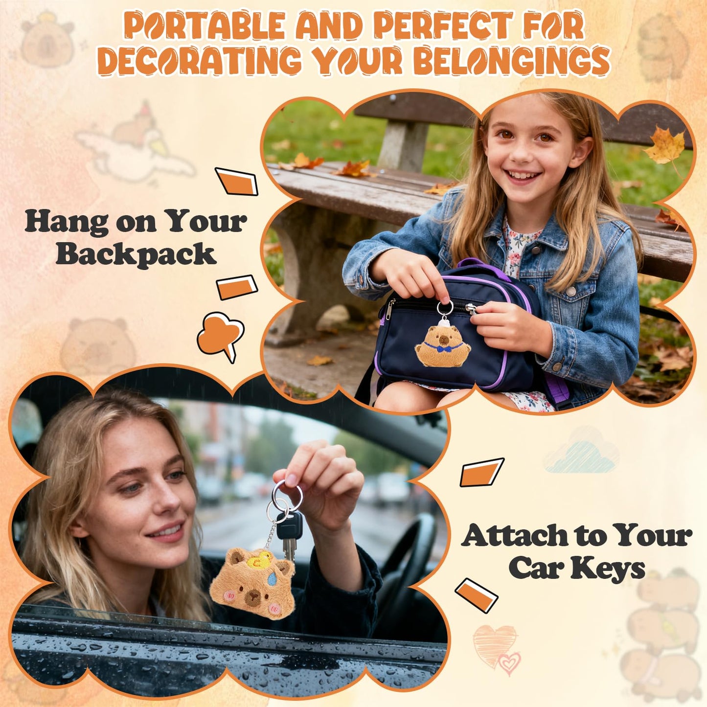WYZOID 24 PCs Kids Keychains, Capybara Plush Keychains, Funny Plush Backpack Charms, Perfect for Birthday Gifts, Back-to-School Goodie Bags, Classroom Prizes, Party Favors