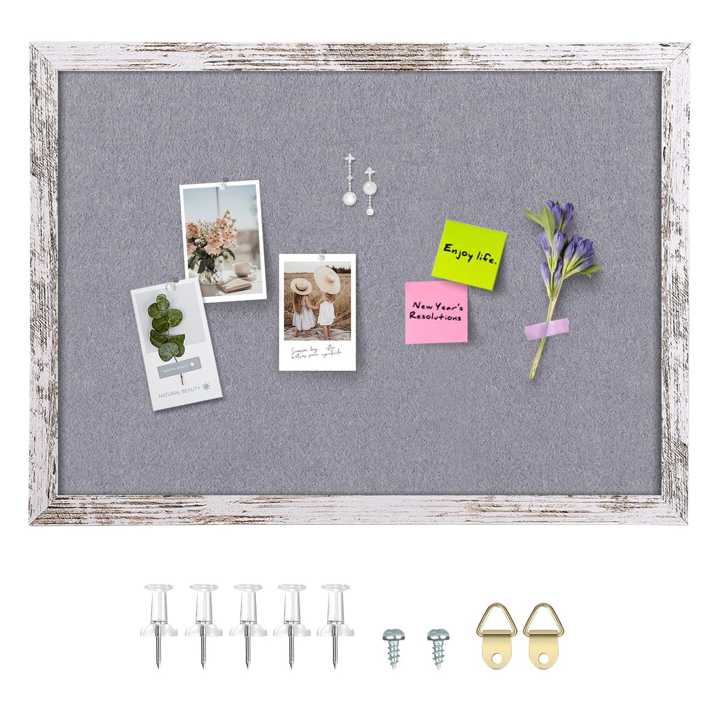 Aitakatta Gray Felt Bulletin Board, 29.5x19.7 inches Decorative Hanging Bulletin Boards for Walls with White Rustic Wood Frame, Pin Board Vision Board for Office Home School with Pins (5075,WH,1pc)