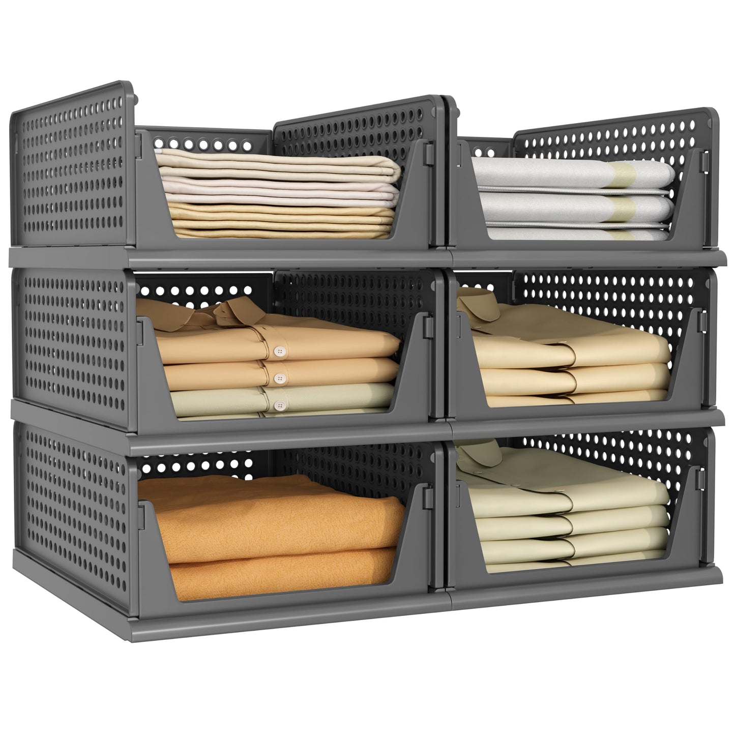 Pinkpum 6 Pack Black Closet Organizers and Storage Plastic Stackable Storage Bins, Morden Foldable Drawer Shelf Storage Container for Wardrobe Kitchen Bathroom Dorm