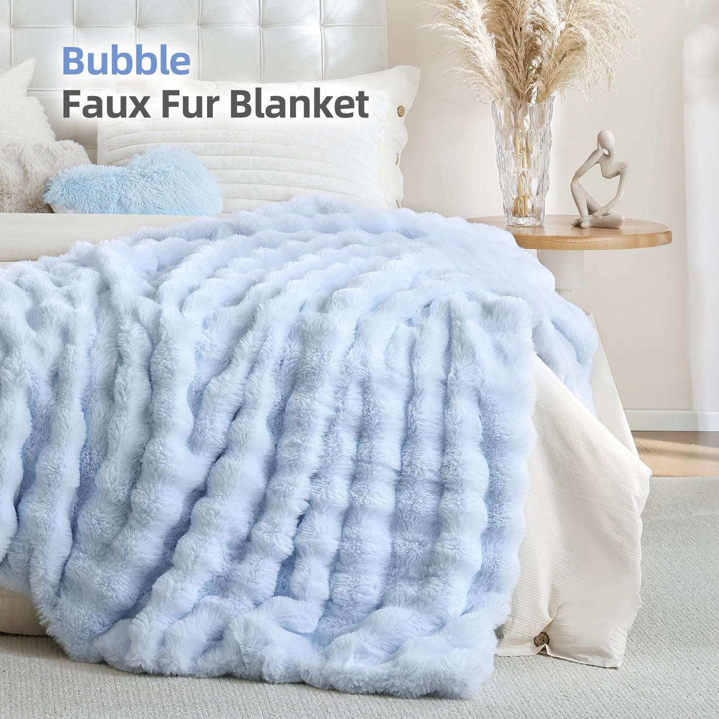 Smoofy Faux Fur Throw Blanket for Couch - Light Blue Super Soft Cozy Bubble Blanket, Fluffy Plush Fuzzy Throw for Sofa & Bed, Thick Lightweight Warm Blanket, Luxury Aesthetic Gift for Women 60"x80"
