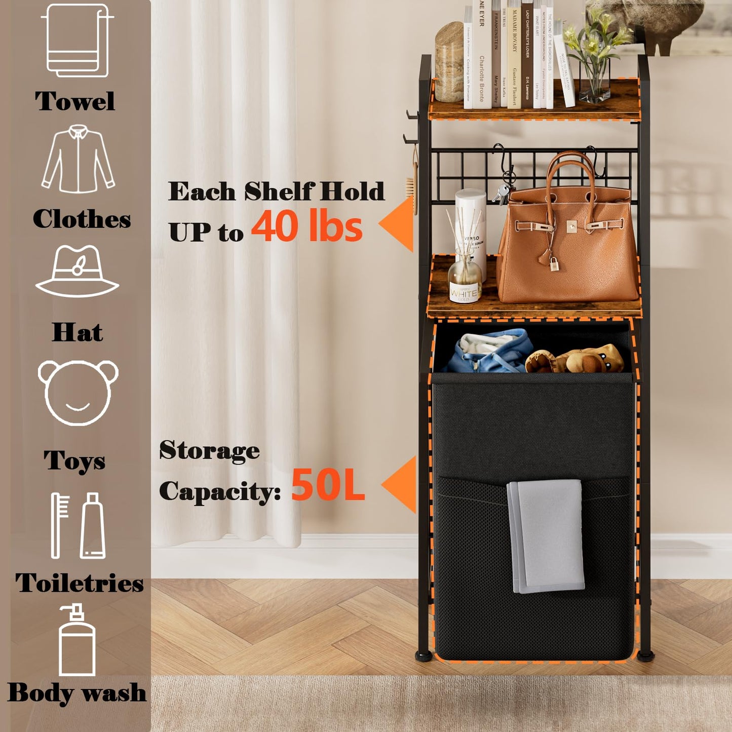 Furnulem Laundry Hamper, Vertical Laundry Basket with 2 Tiers Wooden Shelf and Hooks, Clothes Hamper with Pull-Out and Removable Bag for Bathroom, Bedroom, Dorm, 13.21 Gallons (50L)