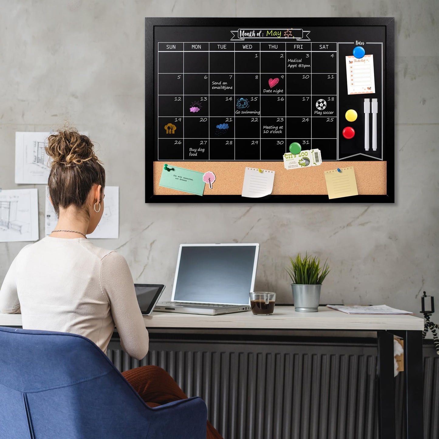 Board2by Monthly Chalkboard Calendar & Cork Board for Wall, 18" x 24" Magnetic Chalk Calendar Board Combo Board, Hanging Wood Frame Combination Board Blackboard with Pens for Office, School, Home