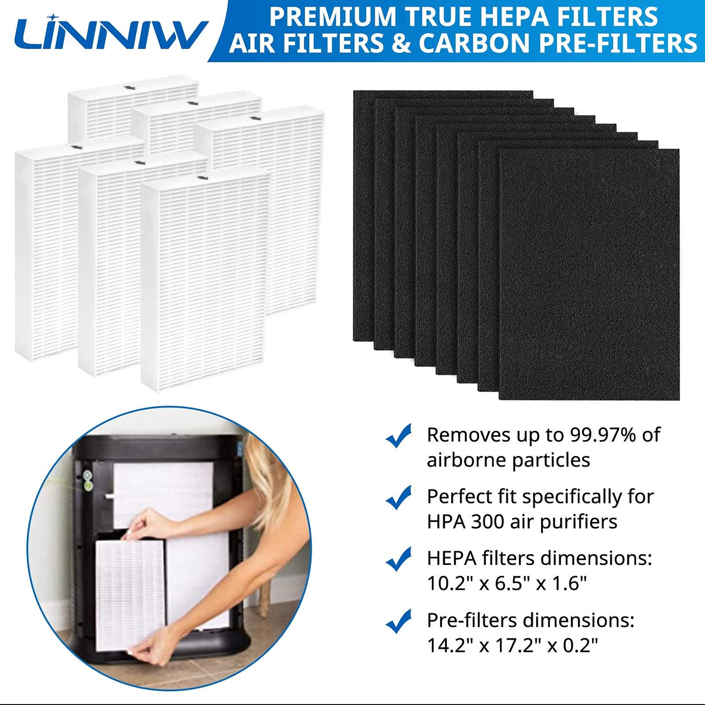 HPA300 Filter R replacement for Honeywell HPA300, HPA200, HPA100, HPA090 Series Air Purifiers, Replace #HRF-R3, HRF-R2, HRF-R1 (6 HEPA Filter R + 8 Activated Carbon Pre-Filter)