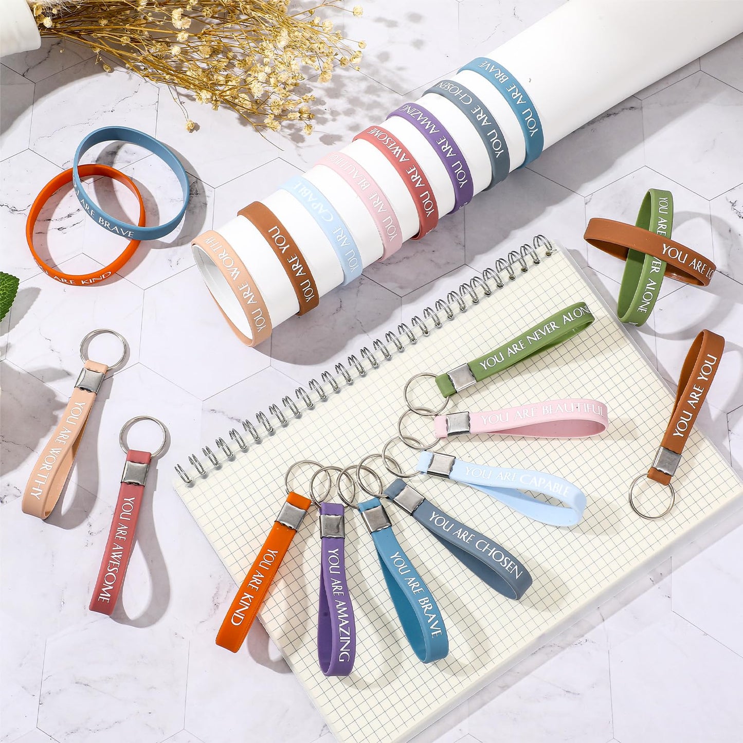 Sratte 240 Pcs Motivational Wristband Employee Appreciation Gifts Inspirational Keychain Pride Month Mental Health Gifts Bulk(Classic)
