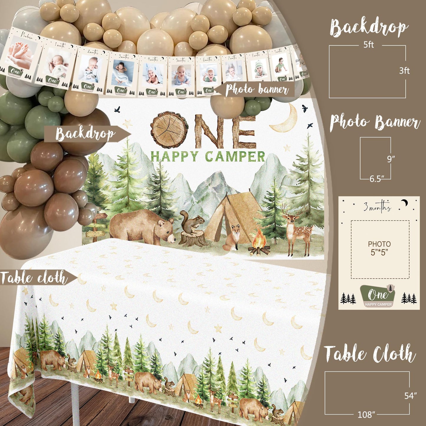 One Happy Camper Birthday Decorations, Camping 1st Birthday Party Supplies with Balloon Arch Balloon Box Backdrop High Chair Banner Crown Cake Topper Table Cloth