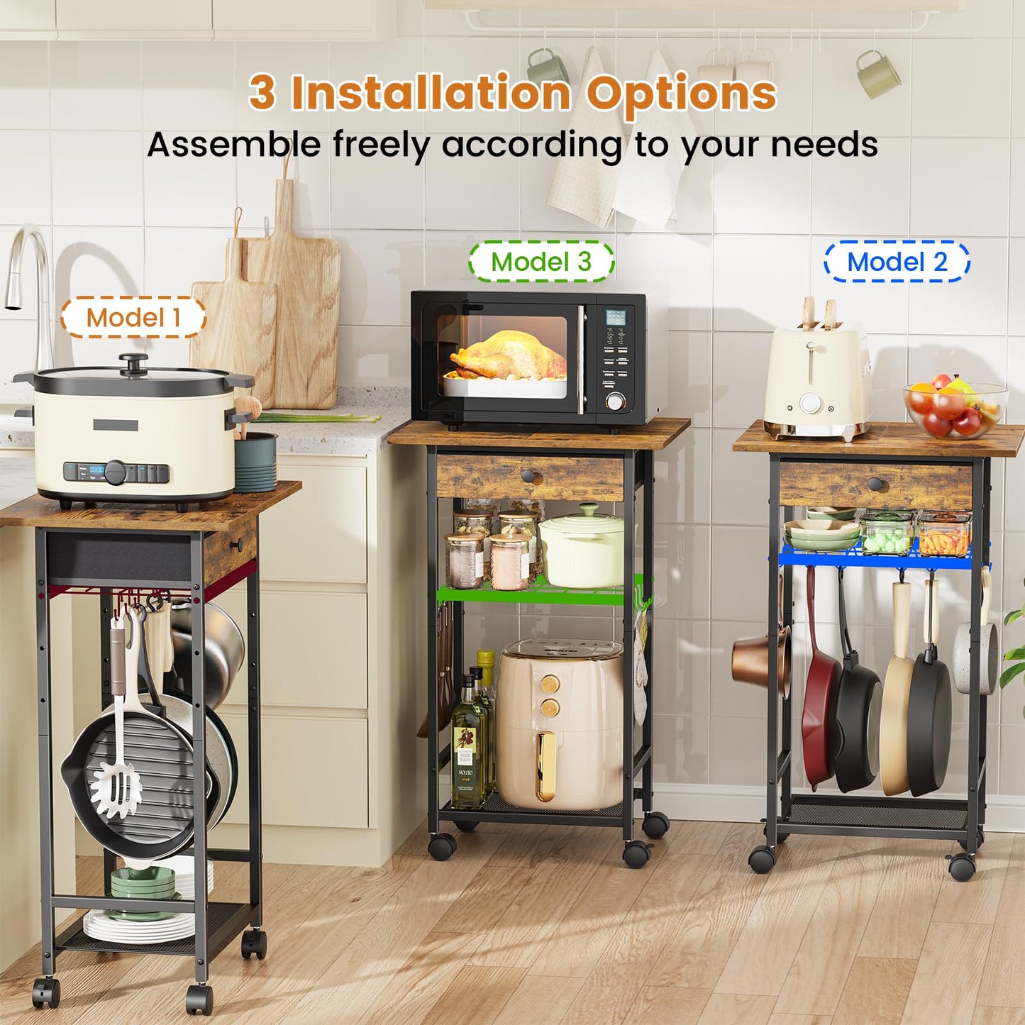 Draelibor Microwave Cart, 4-Tier Microwave Stand with Adjustable Shelf, Kitchen Storage Cart on Wheels, Coffee Bar Cart Shelf for Living Room, Kitchen Island, Office, Balcony, Rustic Brown