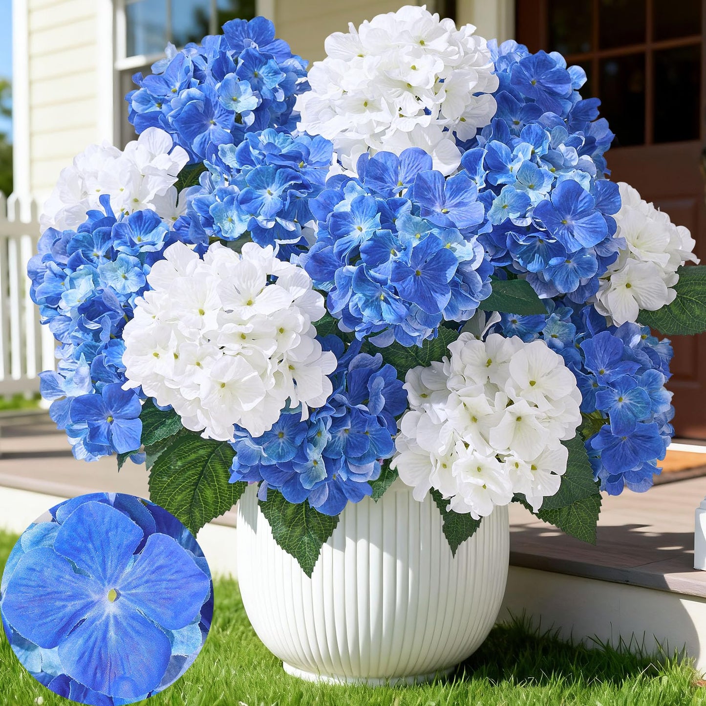 Faylifeway 12 Heads Artificial Flowers for Outdoors, UV Resistant Faux Hydrangea Flowers for Outdoor Planters Front Porch Garden Window Box Patio Decor （White&Blue）