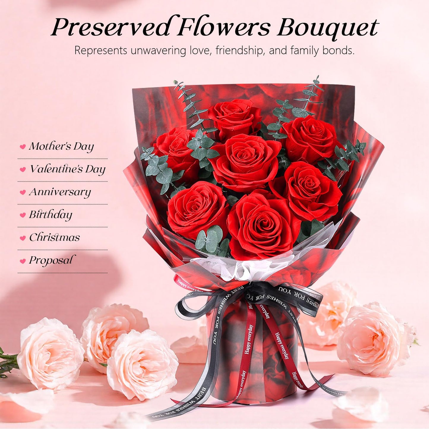 Preserved Flowers Bouquet 7 Roses - Red Real Rose & Flowers for Delivery, Eternal Roses Bouquet with Gift Box, Mothers Day Gifts for Mom Grandma Wife, Anniversary Birthday Gifts for Women