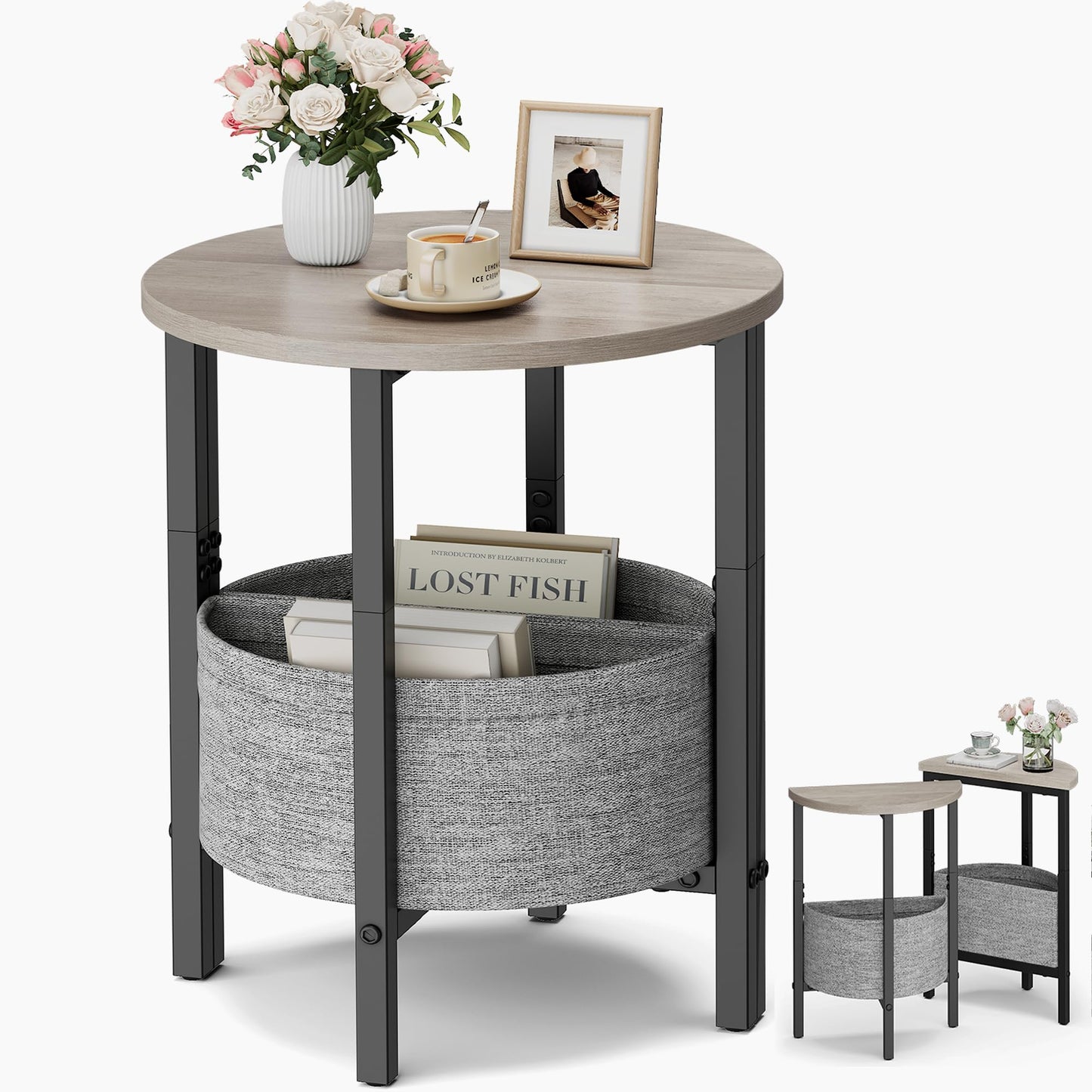 Vagusicc Small Round Side Table End Table, Tall Accent Table with Storage Basket, Set of 2 Half Round Tables Half Moon Tables, Coffee Bedside Tables, Modern Nightstand for Living Room Bedroom, Gray