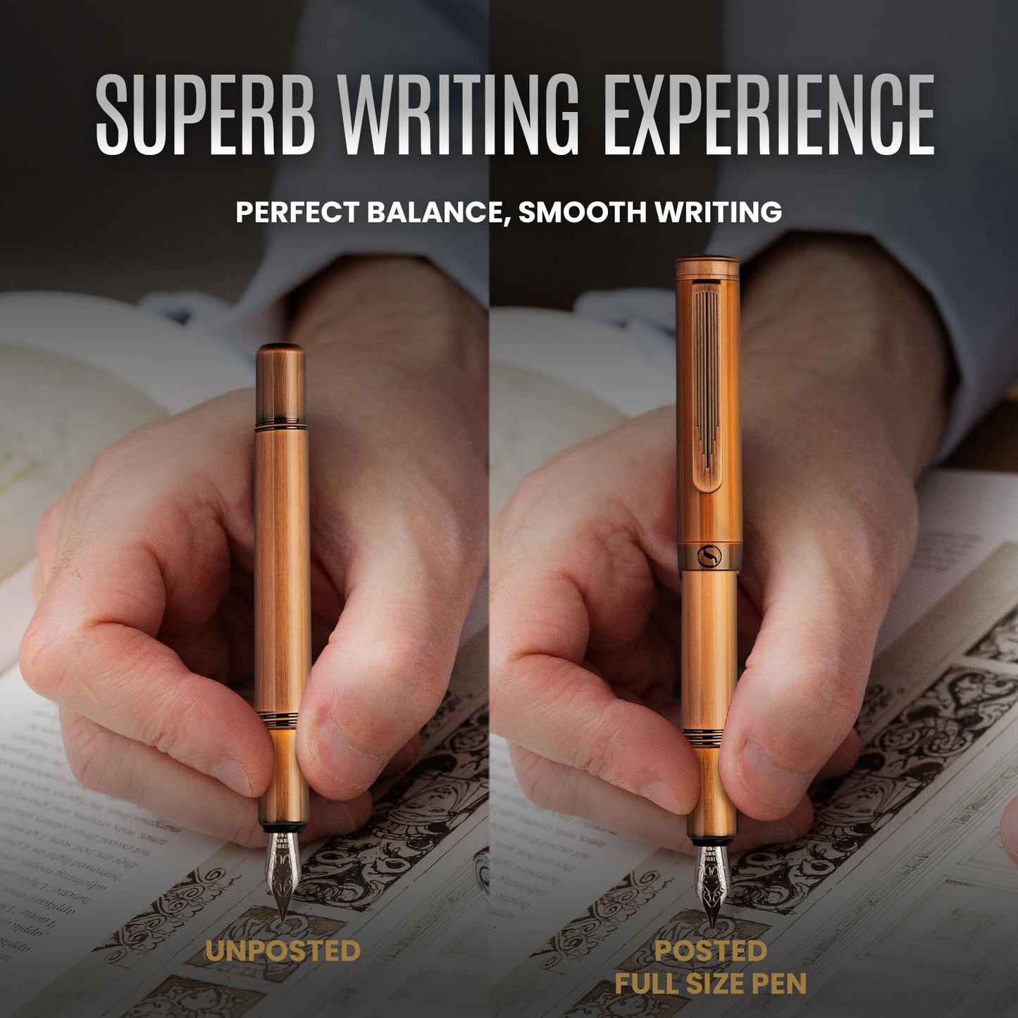 Scriveiner Luxury EDC Fountain Pen (Medium), Stunning Heavy Brass Pocket Pen, Hand Brushed Copper Finish, Schmidt German Nib Converter, Best Writing Pen Gift Set for Men Women, Nice Fancy Designer Pen