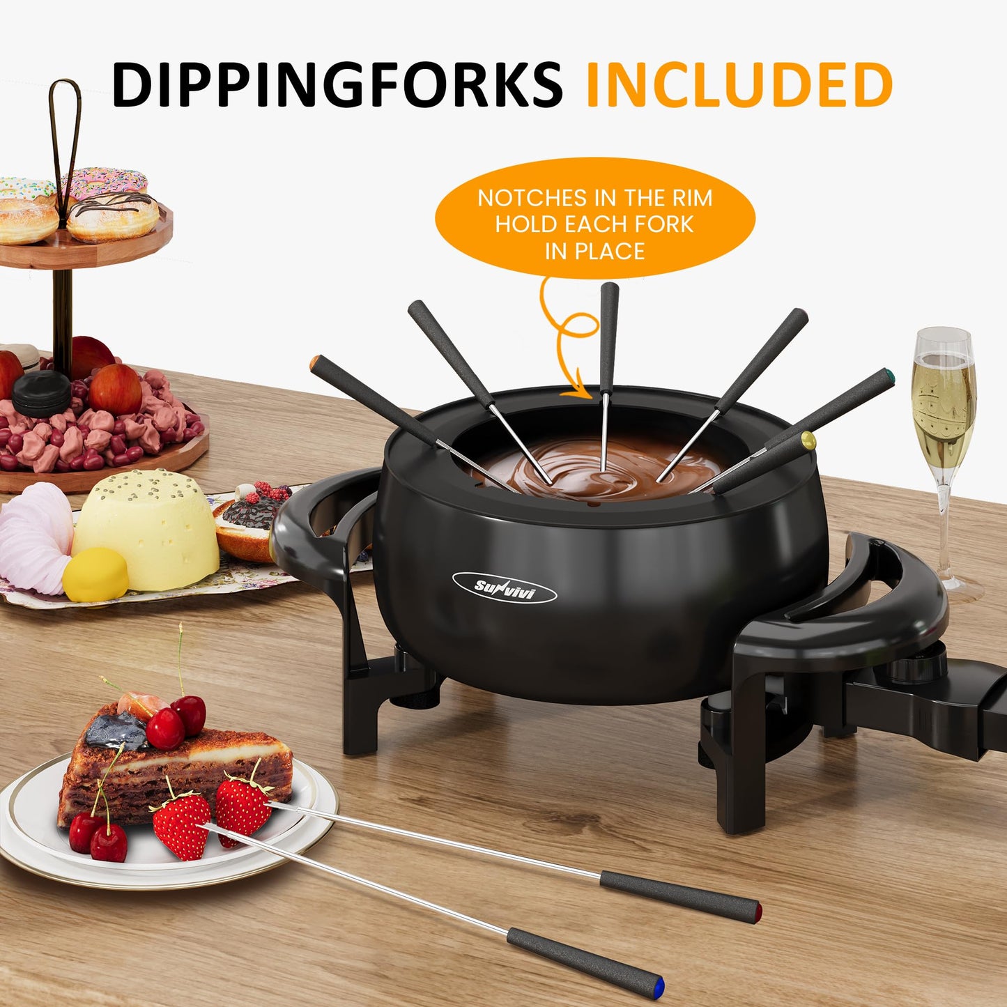 Sunvivi 3 Quart Electric Fondue Pot Set for Melting Chocolate Cheese with Adjustable Temperature Control and 8 Color-Coded Forks, 1000W Non-Stick Fondue Maker for Dessert, Oil and Broth