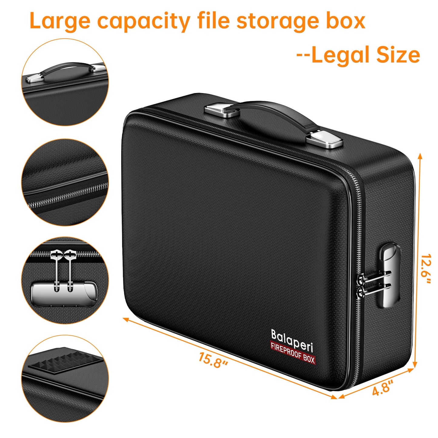 BALAPERI Fireproof File Organizer with Fireproof Zipper,Fireproof Document Box Hard Case with Lock,Portable Document Safe for Important Document Laptop Valuables(Black,15.8"x4.8"x12.6")