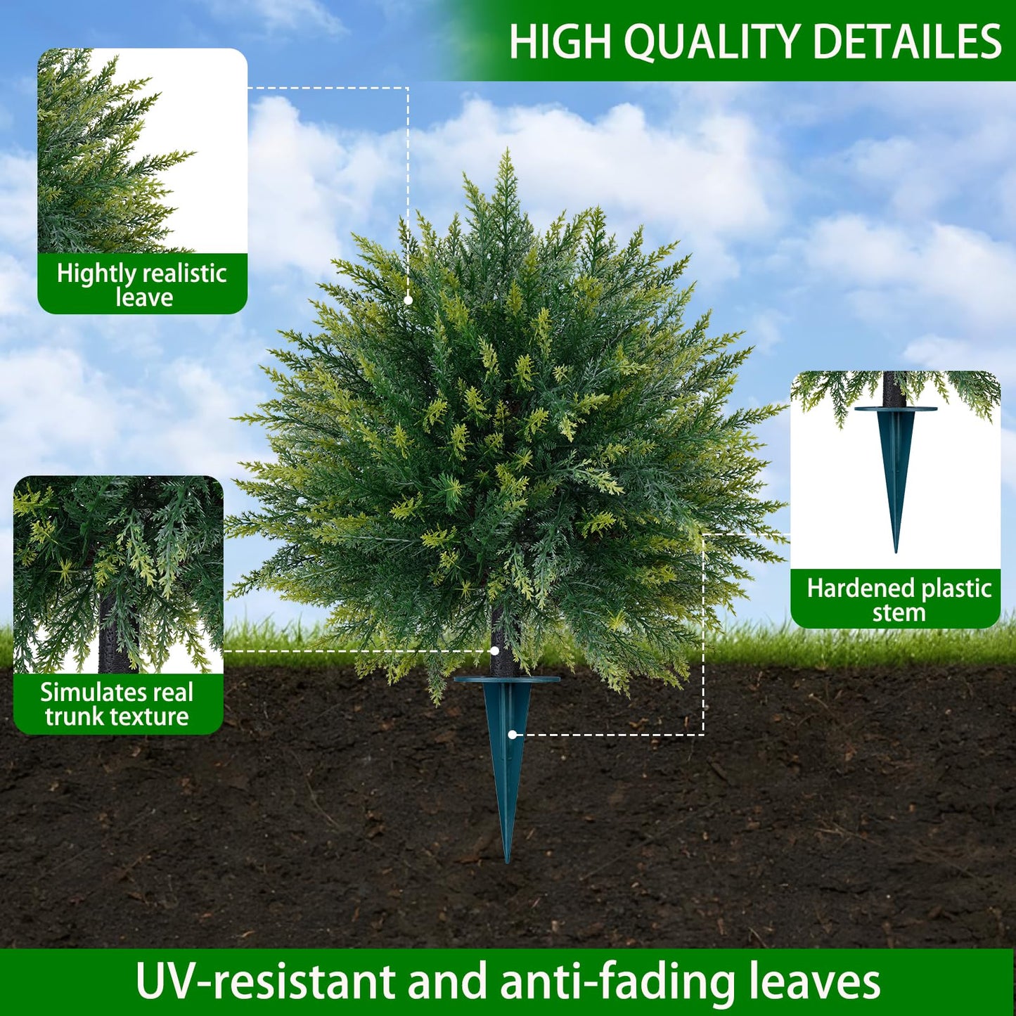 Yangrass 2PCS Artificial Cedar Topiary Ball Trees 23" for Outdoors with Ground Spike, UV Resistant Artificial Cypress Trees, Evergreen Shrubs Bushes Faux Plants for Front Porch Garden Backyard