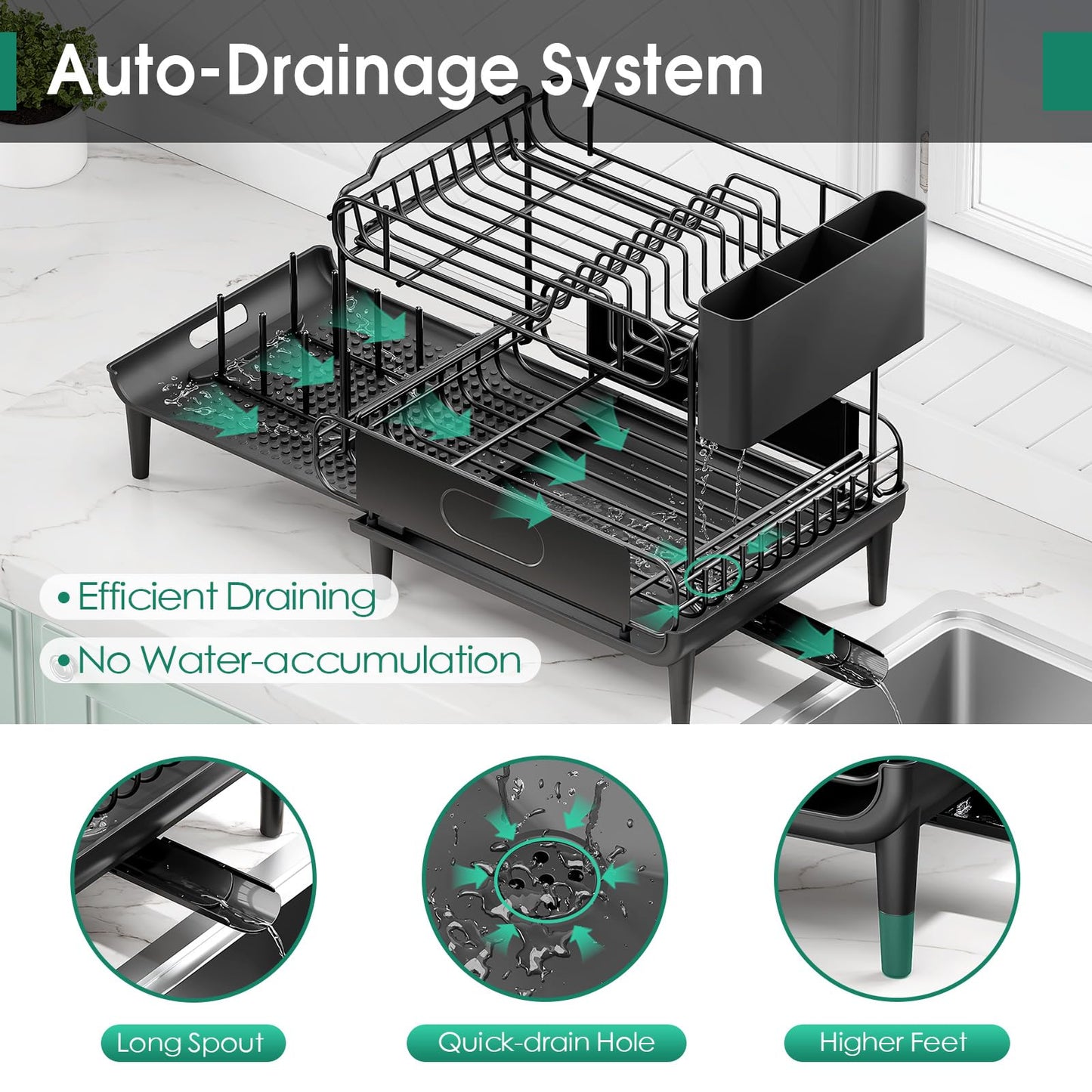 Urackify Dish Drying Rack for Kitchen Counter, Expandable 2 Tier Dish Rack, Large Capacity Dish Drainer with Drainboard Multifunctional Dish Strainer with Removable Cutlery Holder Black