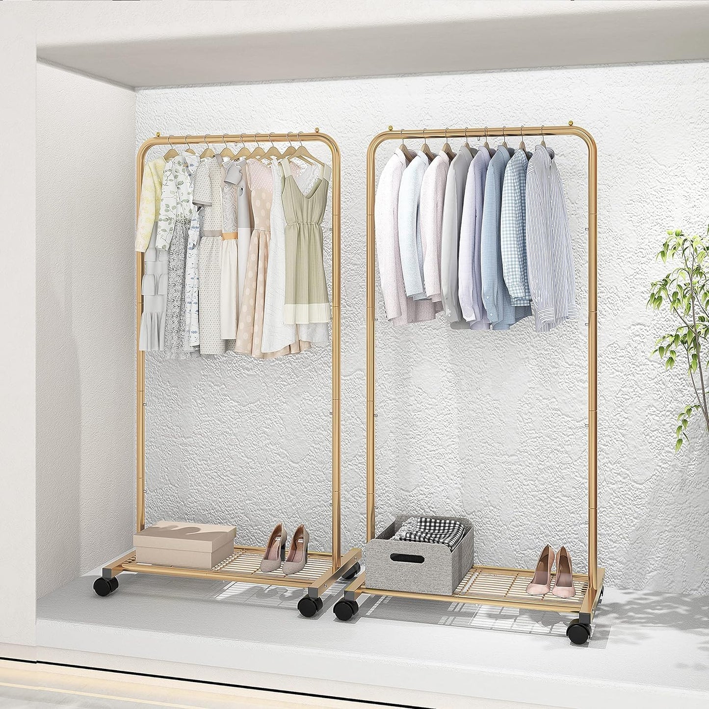 Simple Trending Standard Clothes Garment Rack, Clothing Rolling Rack with Mesh Storage Shelf on Wheels, Golden Yellow
