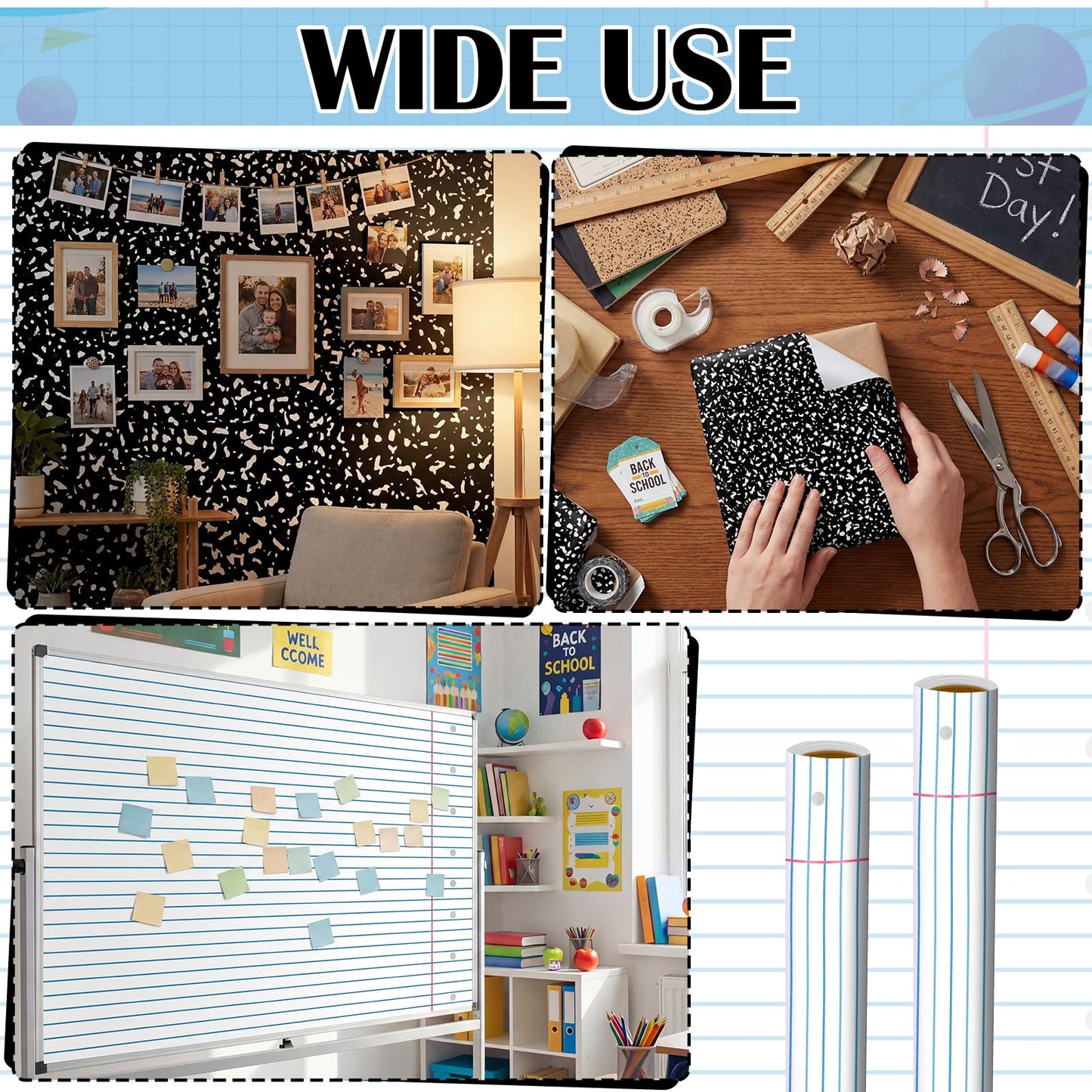 Ctosree 2 Roll Composition Lined Bulletin Board Paper 4x12ft/1.2x3.6m Non Woven Bulletin Background Wallpaper Fade Resistant Board Roll Decoration for Arts Crafts Office School Classroom(Black White)