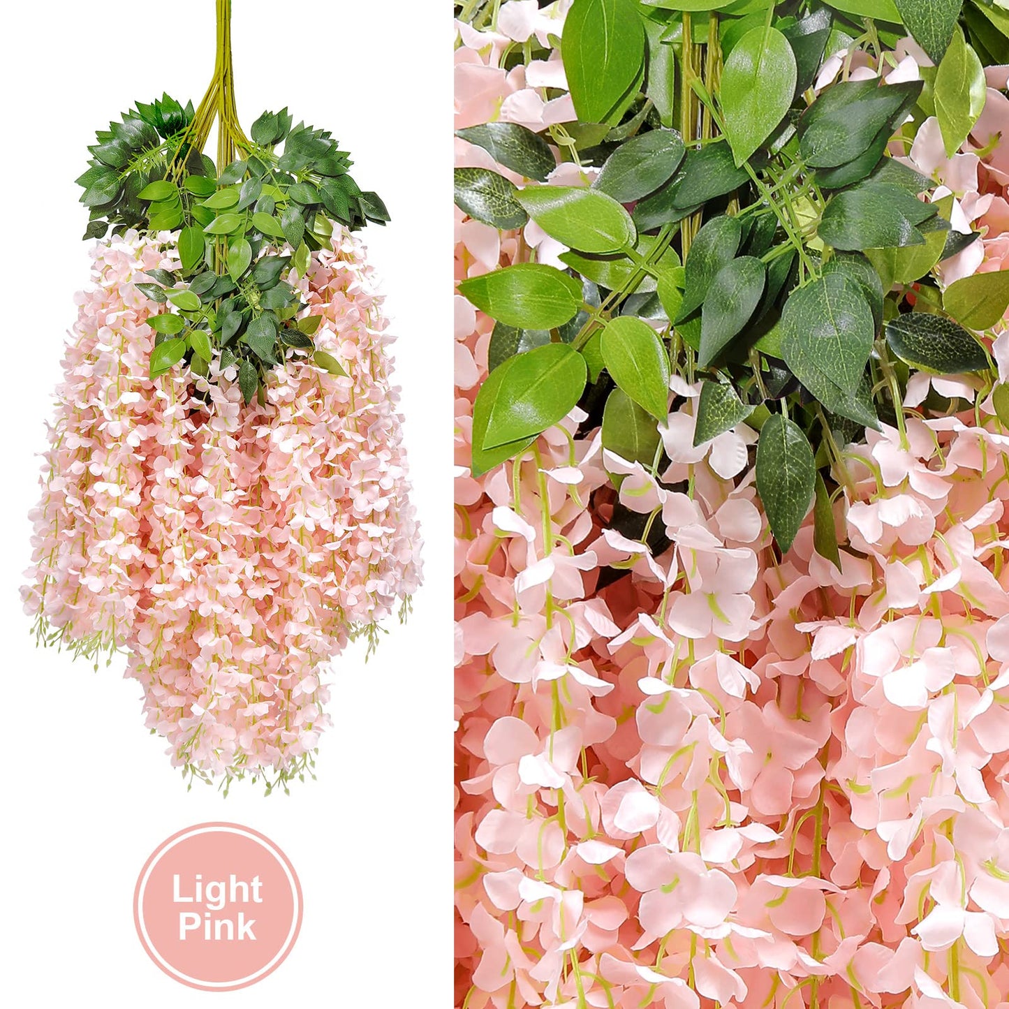 U'Artlines 24 Pack(Total 43.2 Feet) Artificial Fake Wisteria Vine Rattan Hanging Garland Silk Flowers String Home Party Wedding Decor (24, Light Pink)