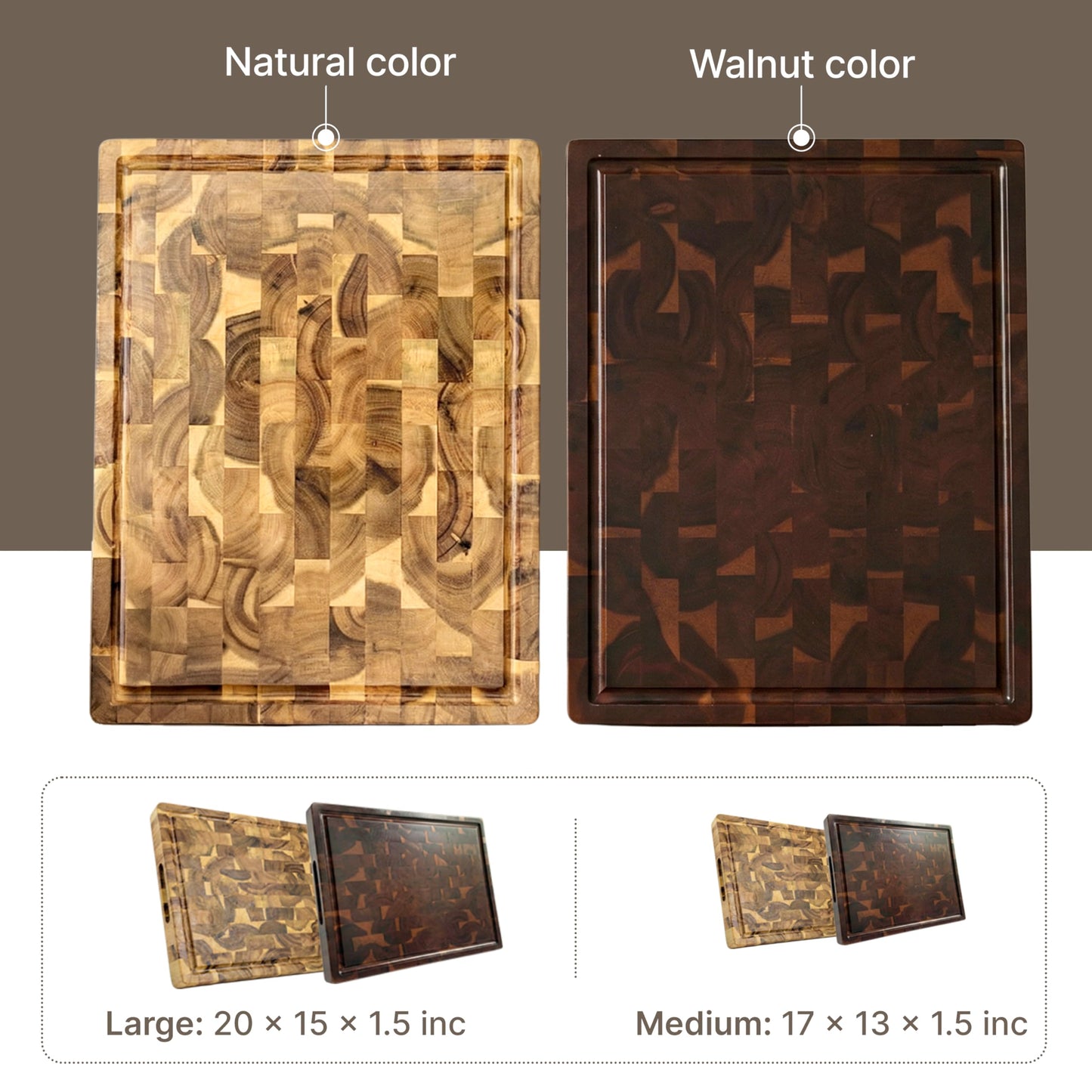 Koppen Acacia Wood End Grain Cutting Board, Knife-Friendly Butcher Block with Juice Groove, Inner Handles, Food Well, Reversible Heavy-Duty Serving & Chopping Board, Gift Box Included, 17 x 13 x 1.5in