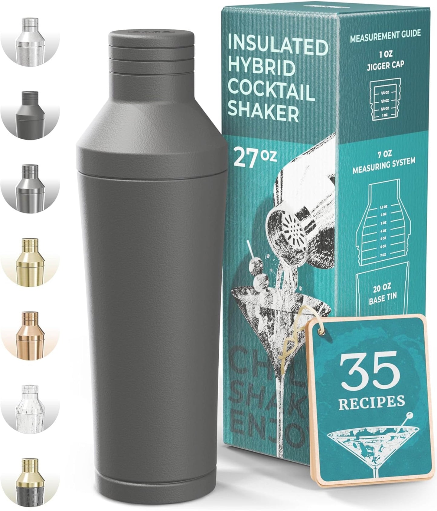 BARE BARREL Insulated Cocktail Shaker Set | Double Wall Stainless Steel | Martini Shaker for Home Bar Bartending | Built-in Drink Measure System & Strainer, Travel Bag, Recipes | Gift Set (Dark Black)