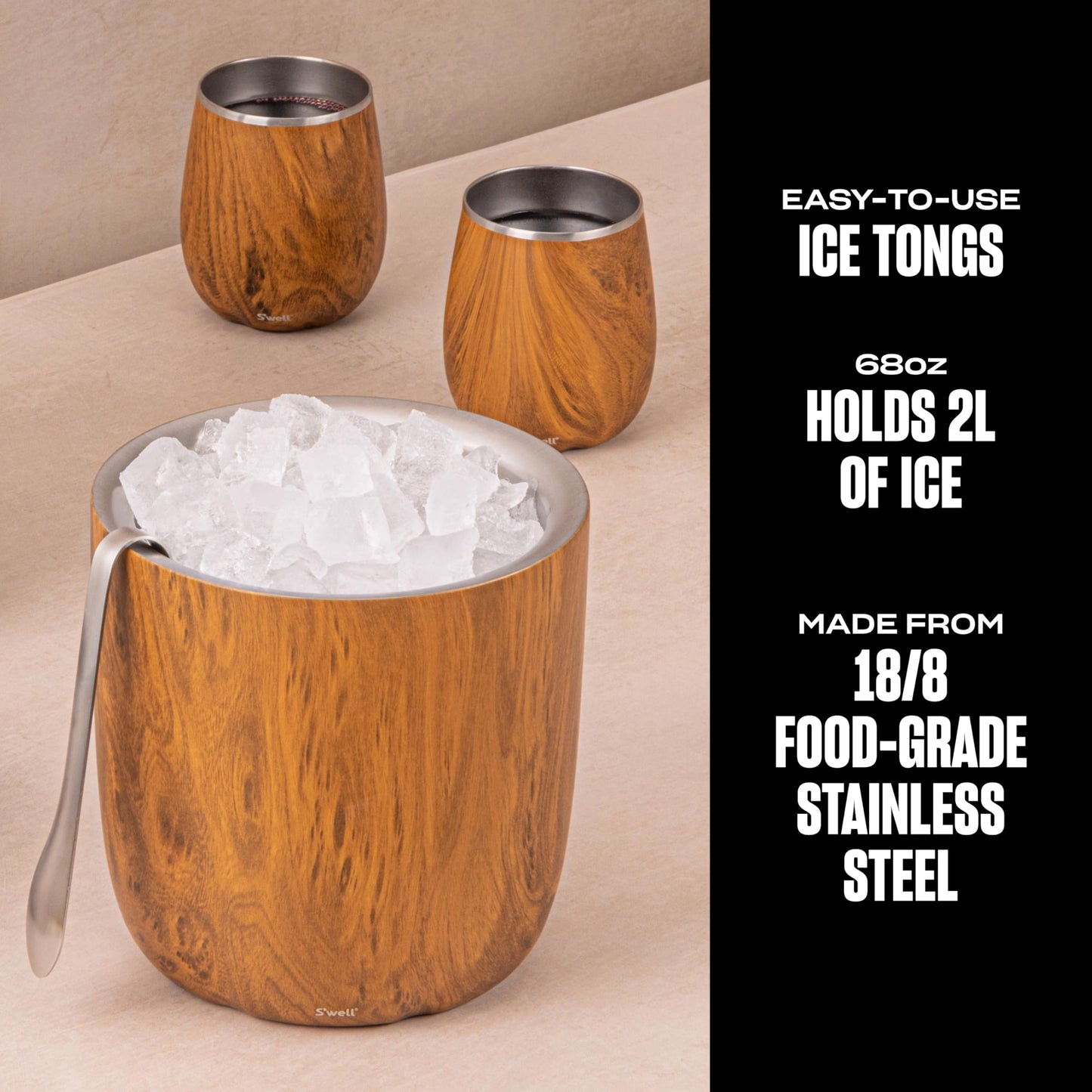 S’well Stainless Steel Ice Bucket with Tongs, 68oz Capacity, Teakwood Pattern Finish, Triple-Layer Vacuum Insulated to Keep Ice Colder Longer, BPA-Free Barware