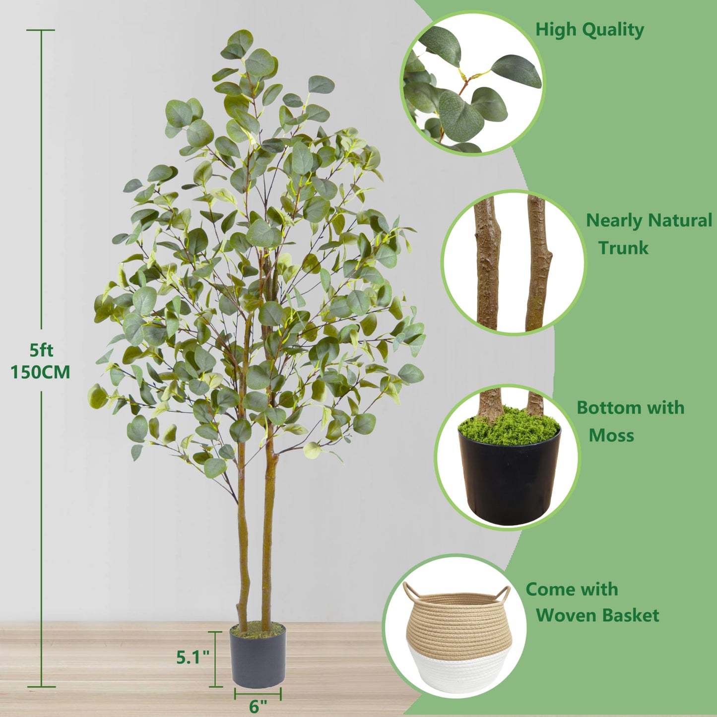 Warmplants Artificial Eucalyptus Tree, 5ft Tall Fake Eucalyptus Plant with Woven Basket, 60'' Silk Leaves Faux Tree for Indoor Home Office Livingroom Garden Floor Décor